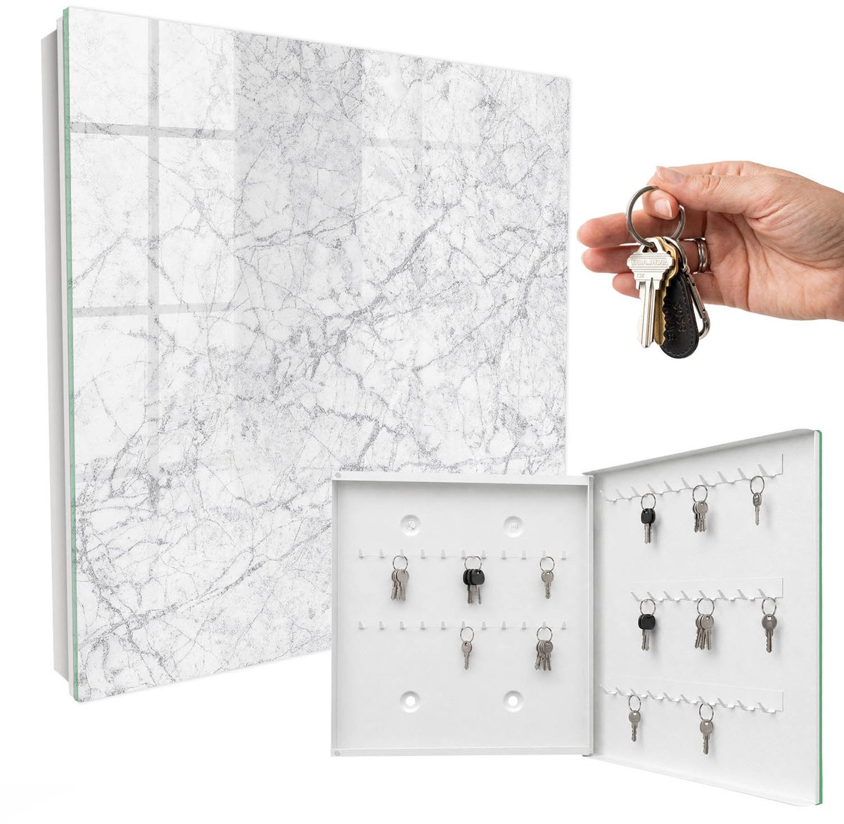 WallMuralia - Sleutelkast - 30x30x5 cm - met 50 haken - Marmeren Elegantie Sleutelkastje Industrieel - Wit Sleutelbox - Rechtsopenend - Wit interieur