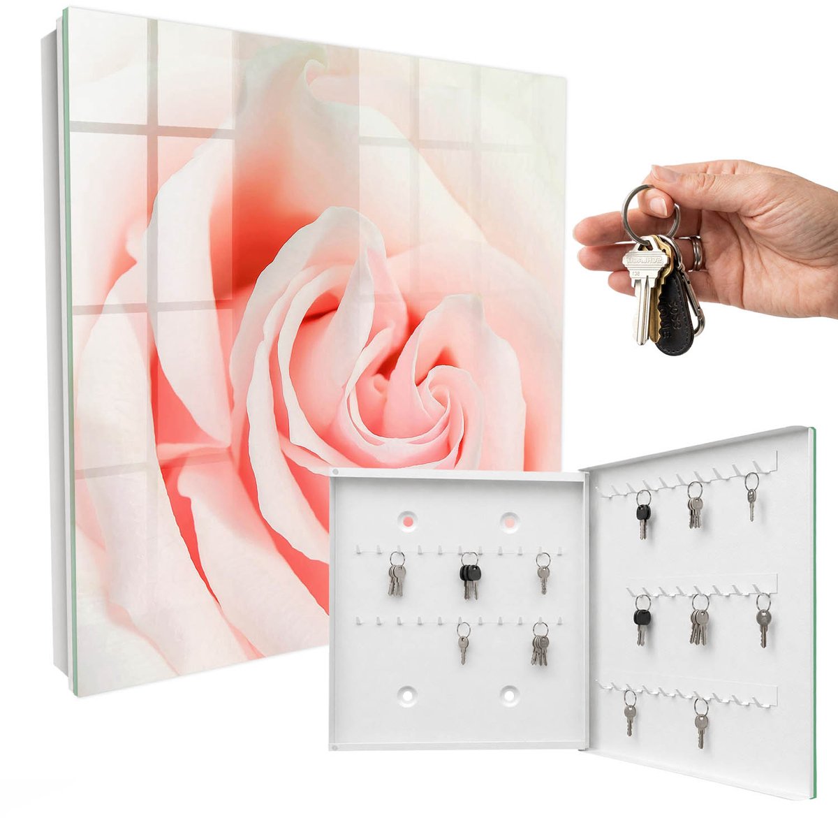 WallMuralia - Sleutelkast - 30x30x5 cm - met 50 haken - Romantische Roos Sleutelkastje Voor Binnen - Roze Sleutelbox - Rechtsopenend - Wit interieur