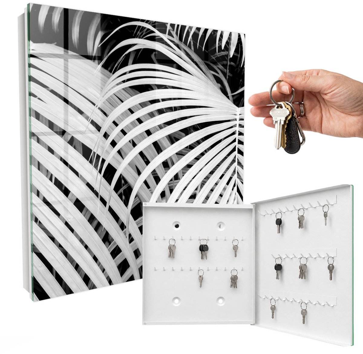 WallMuralia - Sleutelkast - 30x30x5 cm - met 50 haken - Palmbladeren Sleutelkastje Landelijk - Wit Sleutelbox - Rechtsopenend - Wit interieur