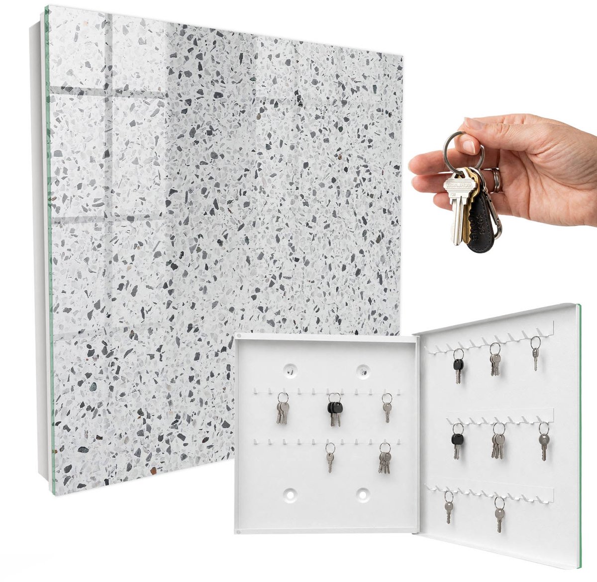 WallMuralia - Sleutelkast - 30x30x5 cm - met 50 haken - Terrazzo-Stijl Sleutelkastje Gang - Wit Sleutelbox - Rechtsopenend - Wit interieur