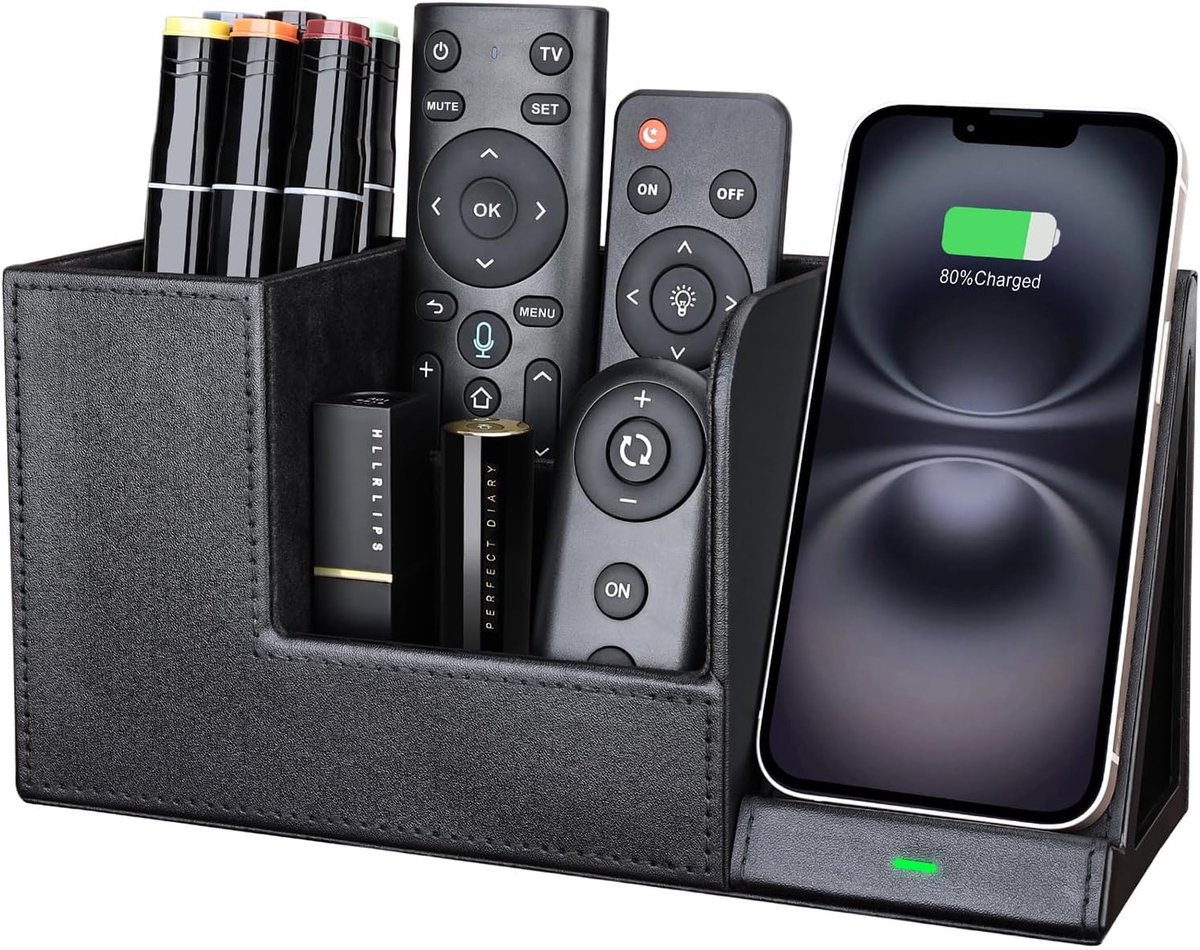 Penhouder, bureau-organizer met inductief laadstation, lederen bureau-organizer, bureau, 10 W, draadloze oplader voor iPhone 16, 15, 14, 13, 12 Pro Max, Samsung Galaxy S24/S23/S22/S21/S20