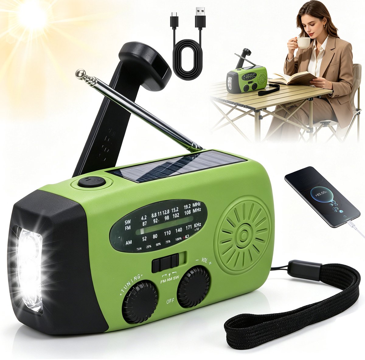 Noodradio - Draagbare Survival Radio - 2000mAh - Zaklamp - Powerbank - Solar & Opwindbaar & USB - Noodpakket - Voor Outdoor Kamperen en Nood - Klein
