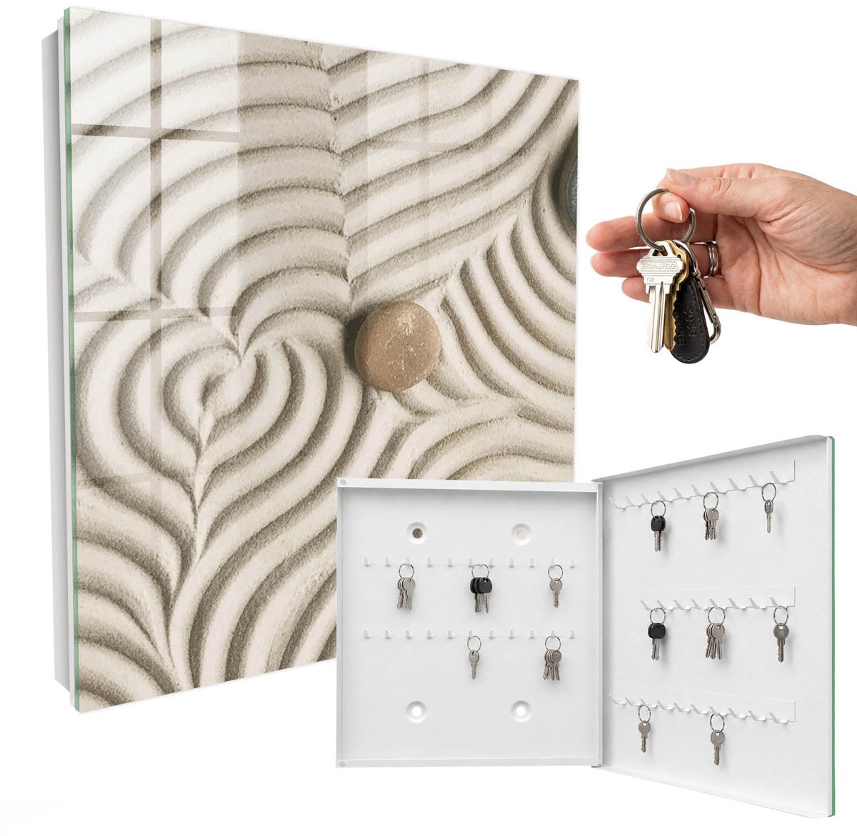 WallMuralia - Sleutelkast - 30x30x5 cm - met 50 haken - Zen-Compositie Sleutelkastje Industrieel - Romig Sleutelbox - Rechtsopenend - Wit interieur