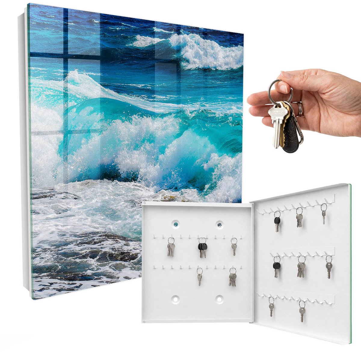 WallMuralia - Sleutelkast - 30x30x5 cm - met 50 haken - De Kracht Van Golven Sleutelkastje Gang - Turkoois Sleutelbox - Rechtsopenend - Wit interieur