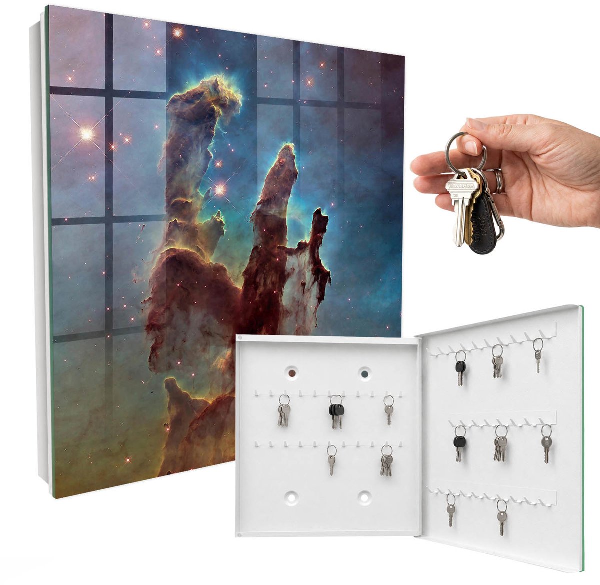 WallMuralia - Sleutelkast - 30x30x5 cm - met 50 haken - Kosmische Visie Sleutelkastje Design - Blauw Sleutelbox - Rechtsopenend - Wit interieur