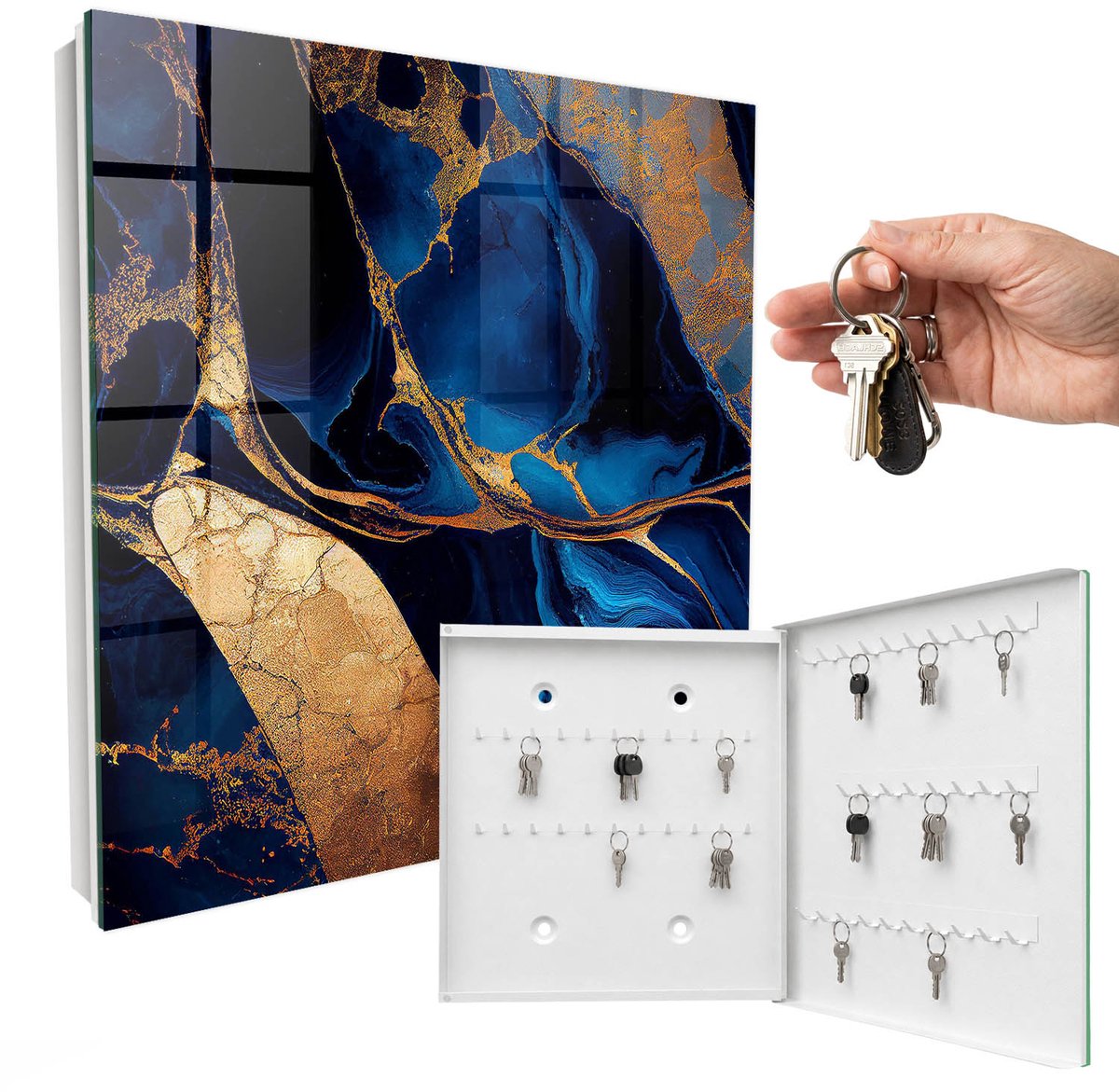 WallMuralia - Sleutelkast - 30x30x5 cm - met 50 haken - Nachtmarmer Sleutelkastje Klein - Blauw Sleutelbox - Rechtsopenend - Wit interieur
