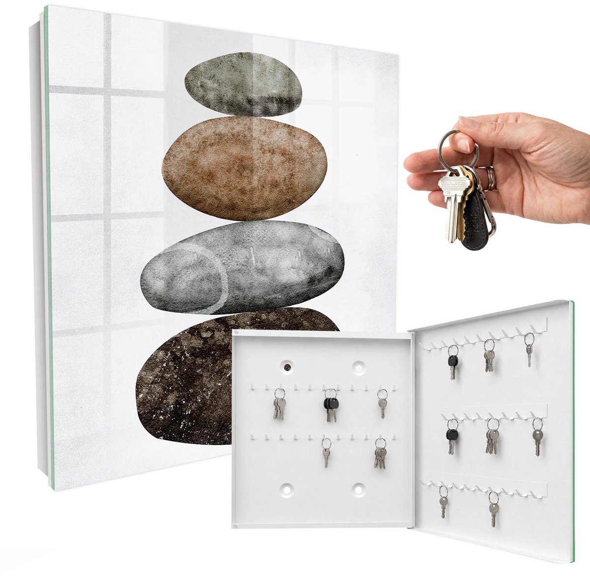 WallMuralia - Sleutelkast - 30x30x5 cm - met 50 haken - Set Stenen Sleutelkastje Huis - Bruin Sleutelbox - Rechtsopenend - Wit interieur