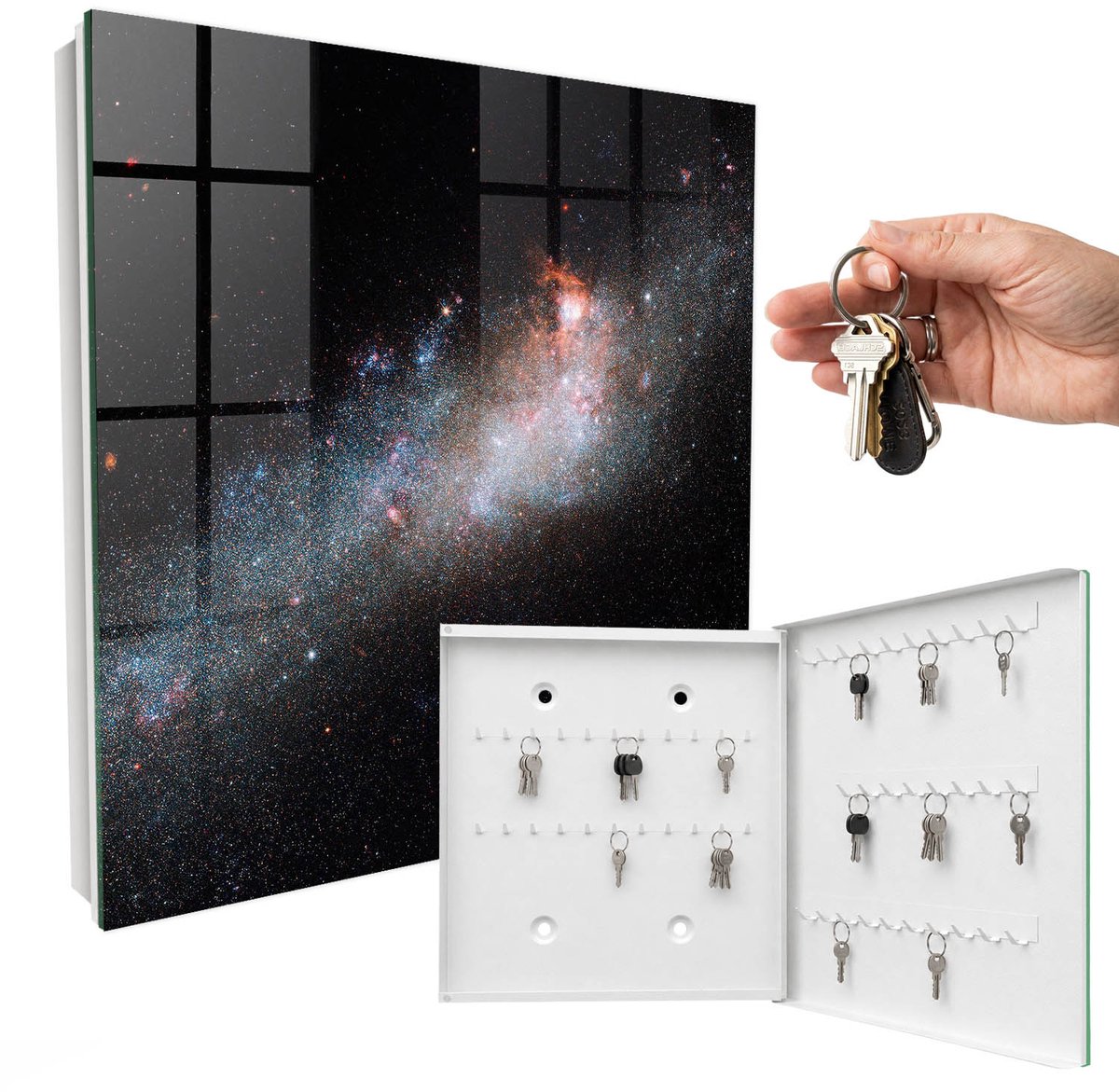 WallMuralia - Sleutelkast - 30x30x5 cm - met 50 haken - Galactisch Mysterie Sleutelkastje Industrieel - Zwart Sleutelbox - Rechtsopenend - Wit interieur