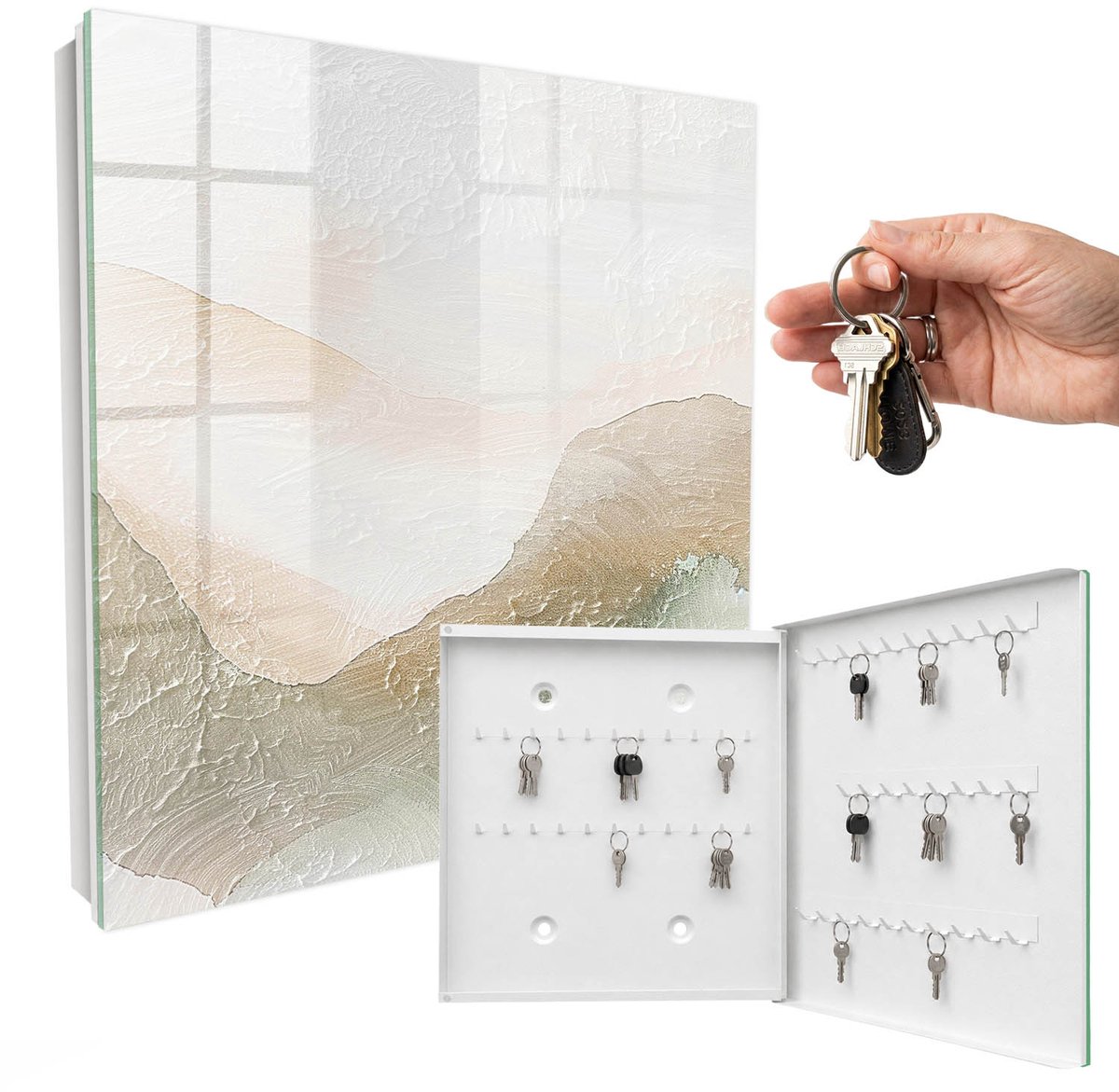 WallMuralia - Sleutelkast - 30x30x5 cm - met 50 haken - Harmonie Van De Natuur Sleutelkastje Modern - Beige Sleutelbox - Rechtsopenend - Wit interieur