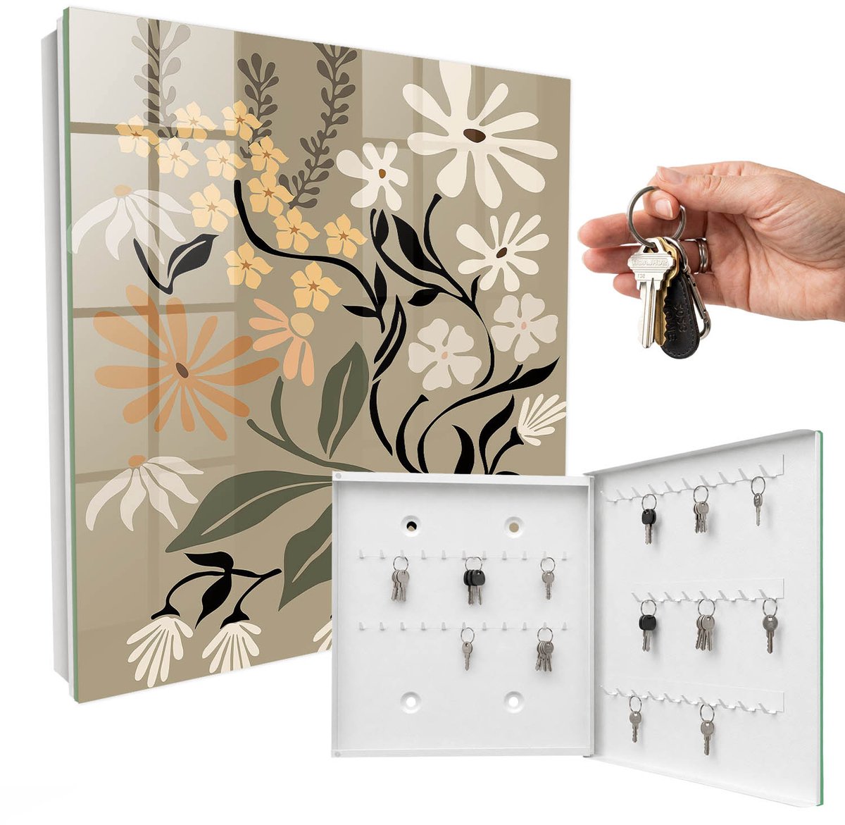 WallMuralia - Sleutelkast - 30x30x5 cm - met 50 haken - Bloemenmotief Sleutelkastje - Beige Sleutelbox - Rechtsopenend - Wit interieur