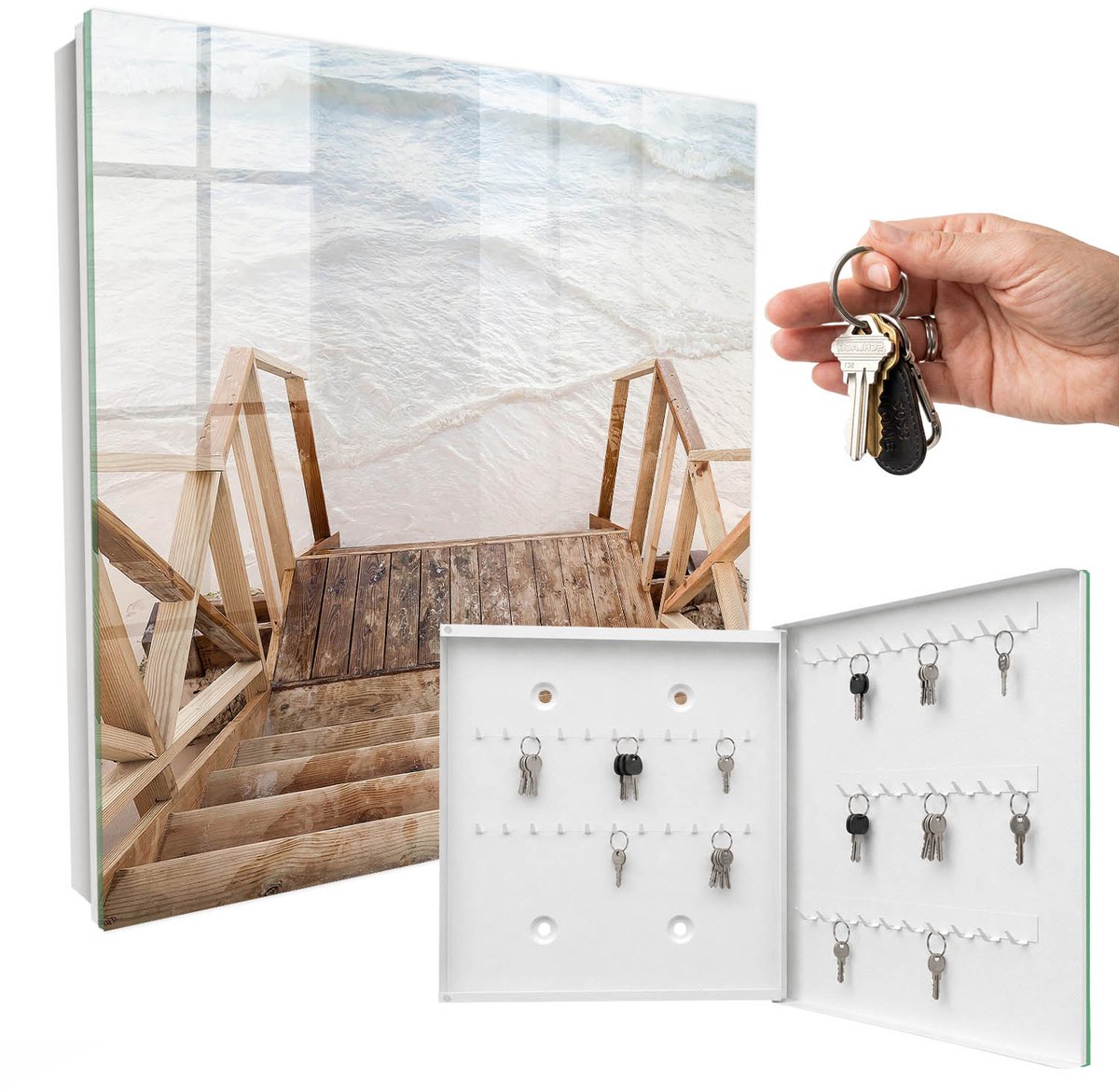 WallMuralia - Sleutelkast - 30x30x5 cm - met 50 haken - Rust Op Het Strand Sleutelkastje Muur - Bruin Sleutelbox - Rechtsopenend - Wit interieur