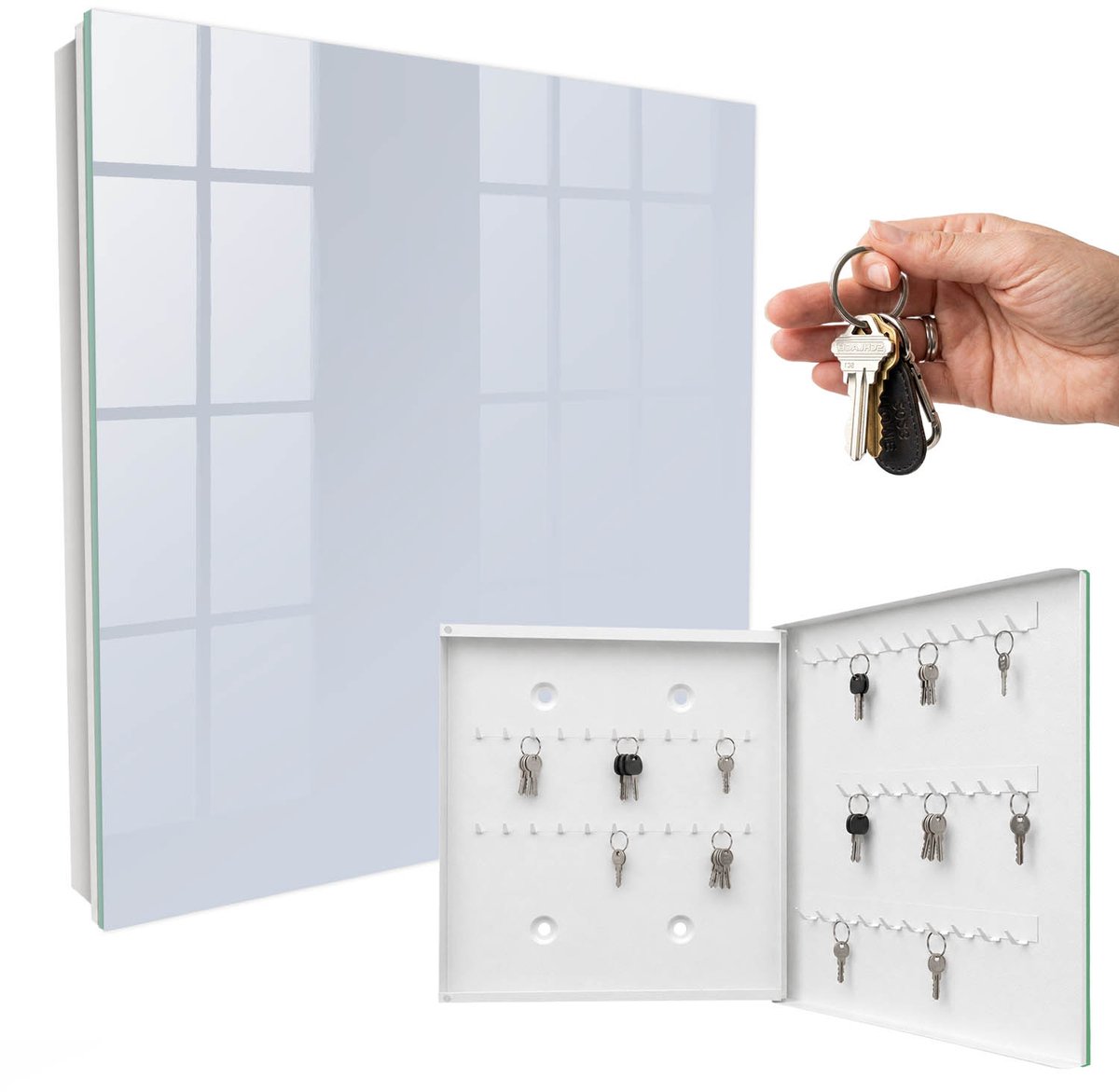 WallMuralia - Sleutelkast - 30x30x5 cm - met 50 haken - Grijsblauw Sleutelkastje Voor Binnen - Grijs Sleutelbox - Rechtsopenend - Wit interieur