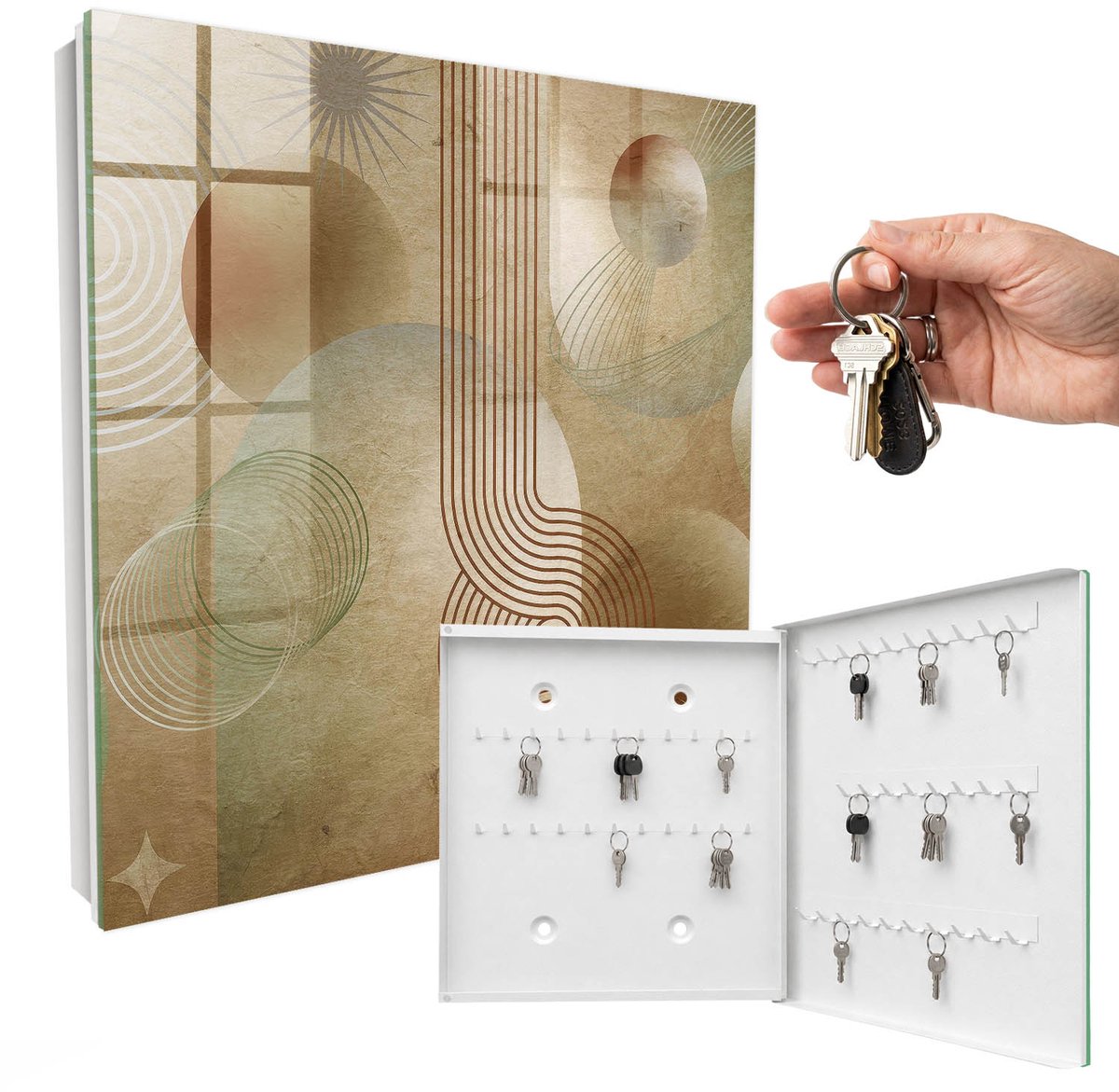 WallMuralia - Sleutelkast - 30x30x5 cm - met 50 haken - Geometrische Vormen Design Sleutelkastje - Beige Sleutelbox - Rechtsopenend - Wit interieur