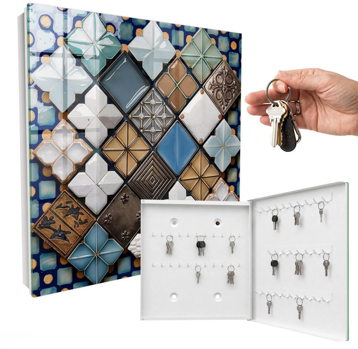 WallMuralia - Sleutelkast - 30x30x5 cm - met 50 haken - Tegelpatronen Sleutelkastje Design - Blauw Sleutelbox - Rechtsopenend - Wit interieur