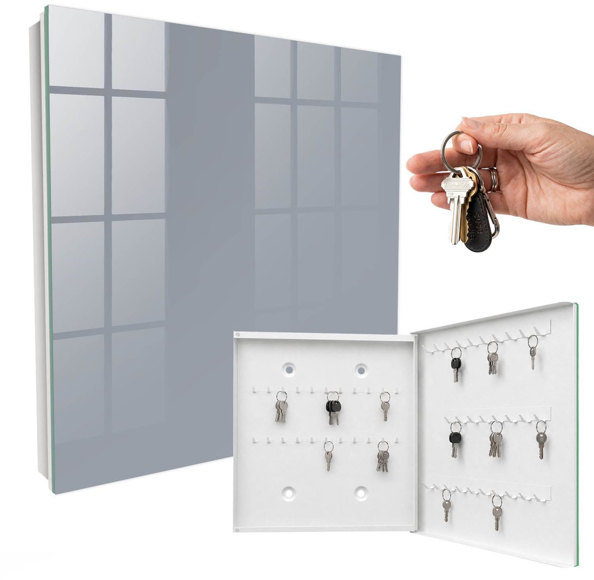 WallMuralia - Sleutelkast - 30x30x5 cm - met 50 haken - Grijs Sleutelkastje Muur - Grijs Sleutelbox - Rechtsopenend - Wit interieur