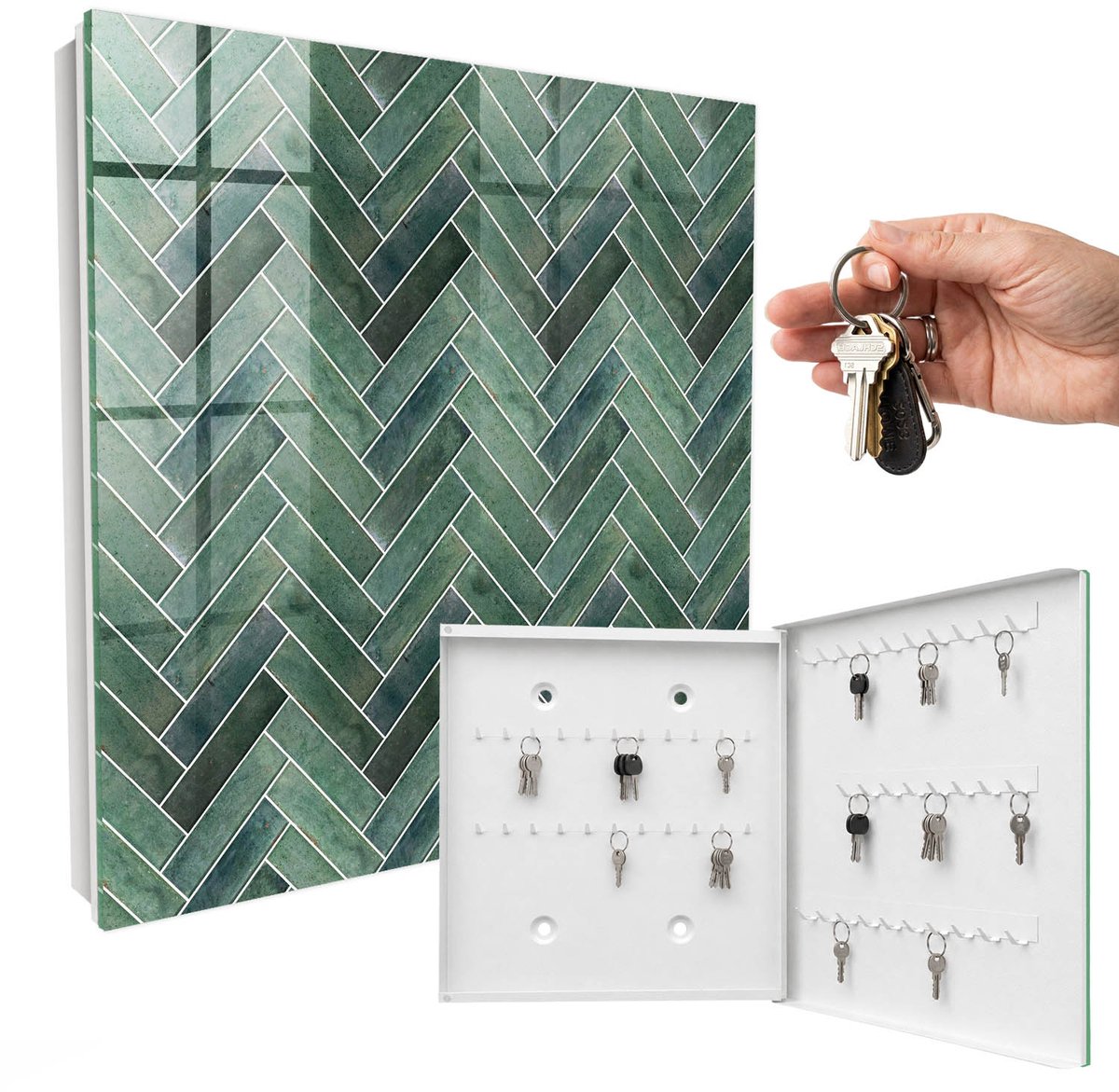 WallMuralia - Sleutelkast - 30x30x5 cm - met 50 haken - Groene Visgraat Sleutelkastje Muur - Groente Sleutelbox - Rechtsopenend - Wit interieur