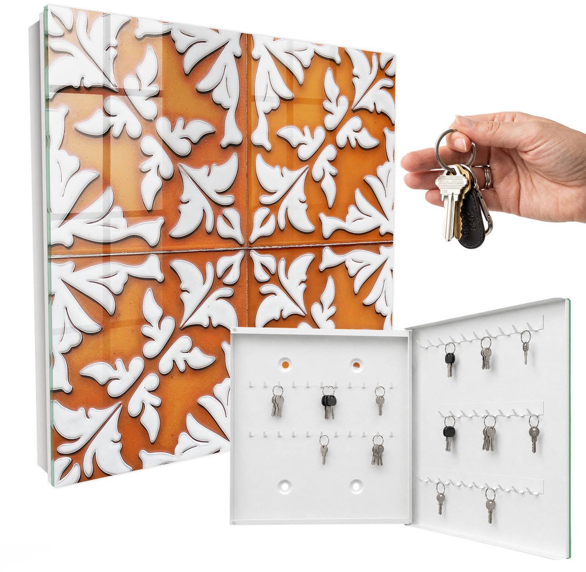 WallMuralia - Sleutelkast - 30x30x5 cm - met 50 haken - Plantmotief Sleutelkastje Gang - Oranje Sleutelbox - Rechtsopenend - Wit interieur