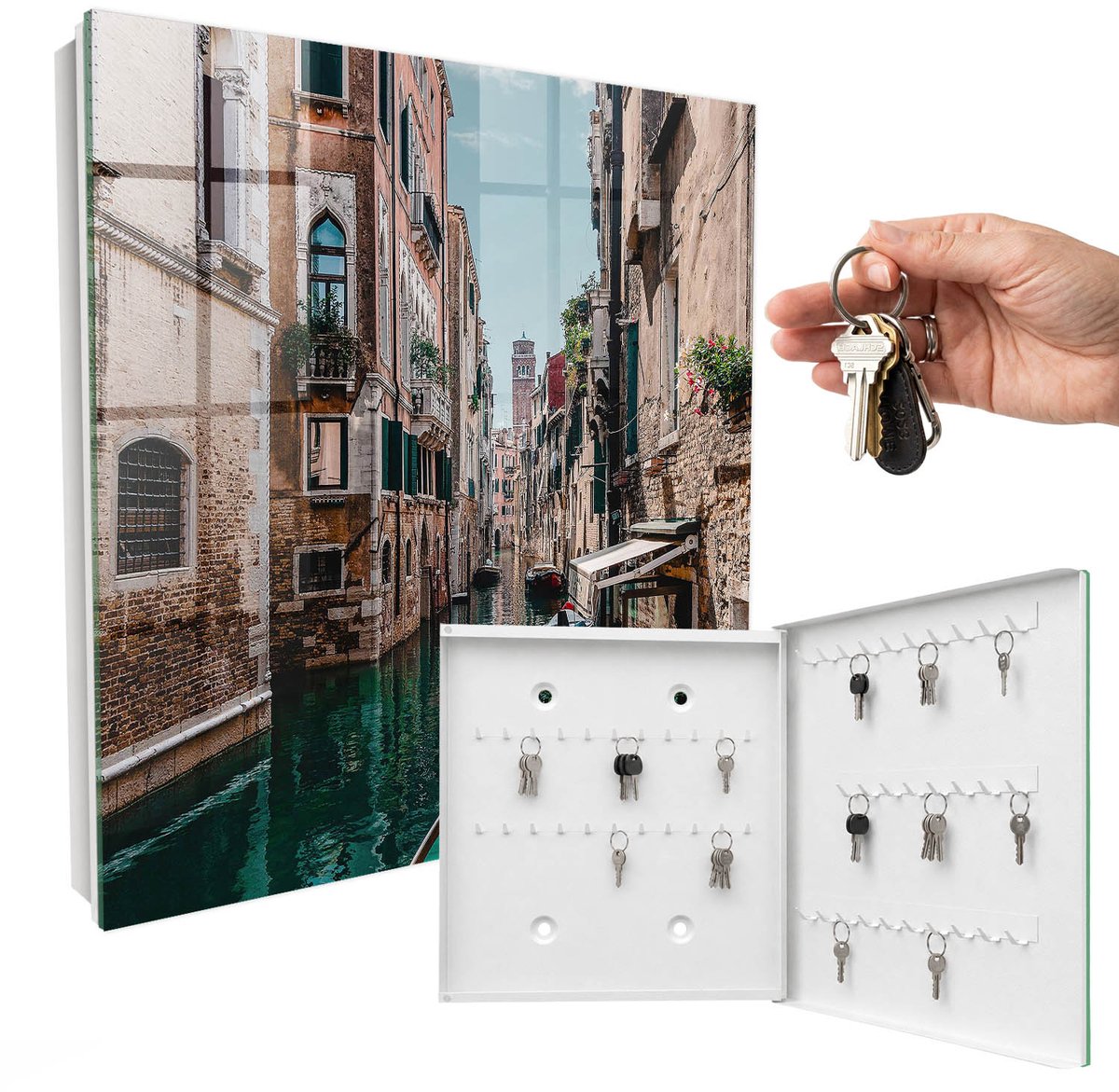 WallMuralia - Sleutelkast - 30x30x5 cm - met 50 haken - Venetiaans Kanaal Sleutelkastje Klein - Bruin Sleutelbox - Rechtsopenend - Wit interieur
