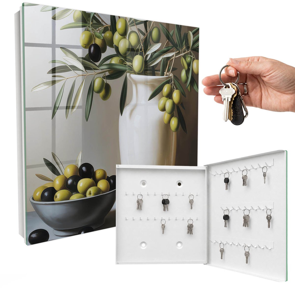 WallMuralia - Sleutelkast - 30x30x5 cm - met 50 haken - Olijf Natuur Leuk Sleutelkastje - Groente Sleutelbox - Rechtsopenend - Wit interieur