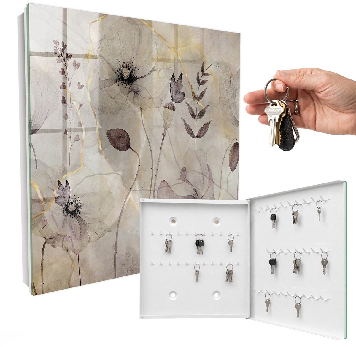 WallMuralia - Sleutelkast - 30x30x5 cm - met 50 haken - Delicate Flora Sleutelkastje Landelijk - Grijs Sleutelbox - Rechtsopenend - Wit interieur