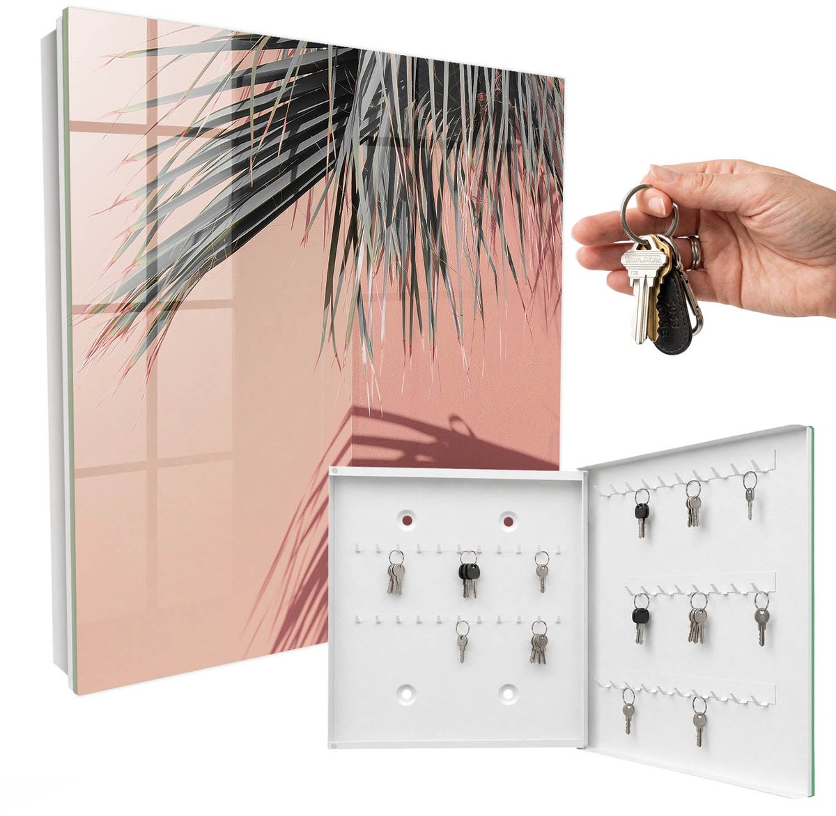 WallMuralia - Sleutelkast - 30x30x5 cm - met 50 haken - Tropische Elegantie Sleutelkastje Hal - Roze Sleutelbox - Rechtsopenend - Wit interieur