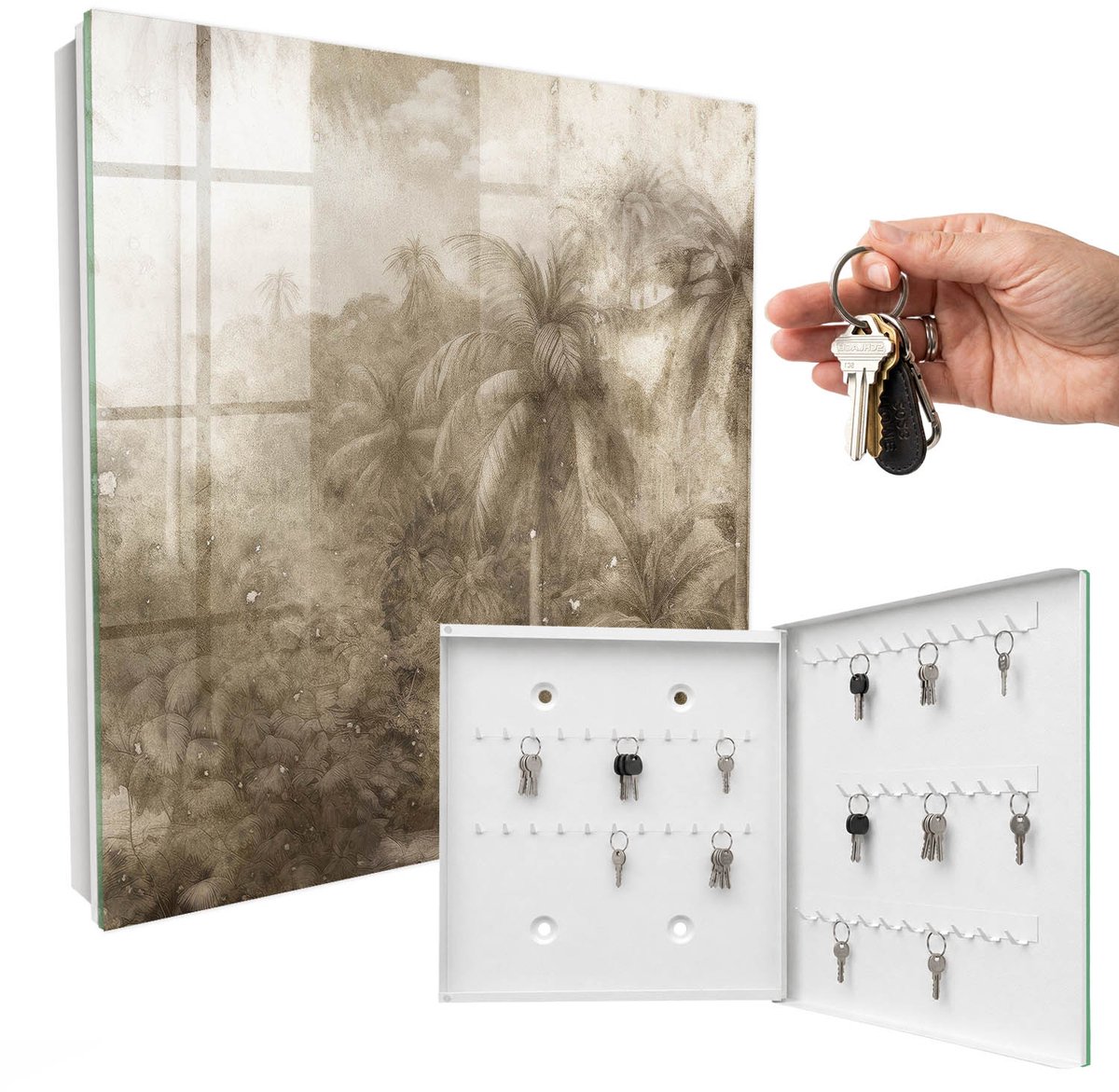WallMuralia - Sleutelkast - 30x30x5 cm - met 50 haken - Junglebeige Sleutelkastje Landelijk - Beige Sleutelbox - Rechtsopenend - Wit interieur