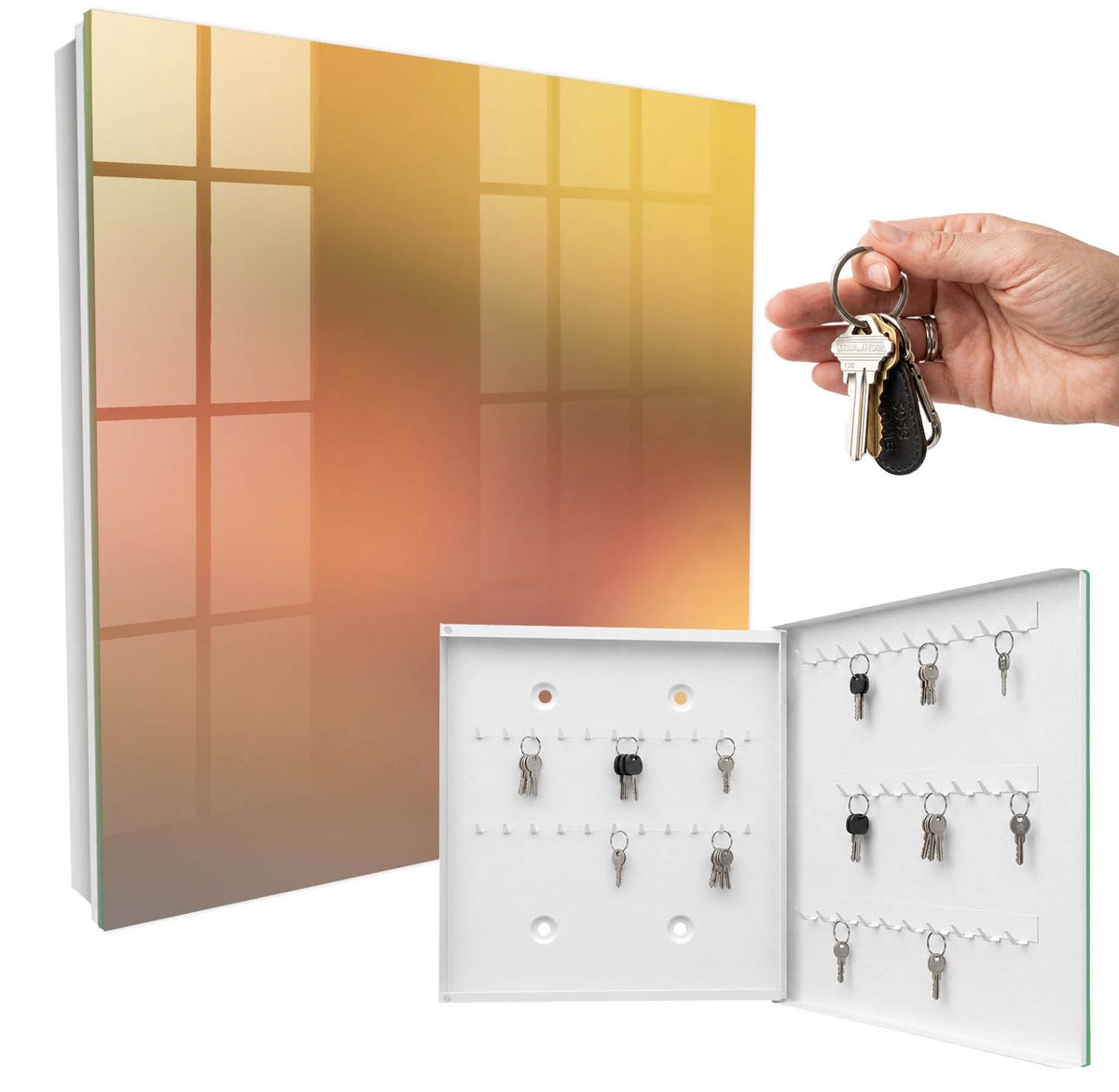 WallMuralia - Sleutelkast - 30x30x5 cm - met 50 haken - Warme Gradiënt Sleutelkastje Voor Binnen - Geel Sleutelbox - Rechtsopenend - Wit interieur