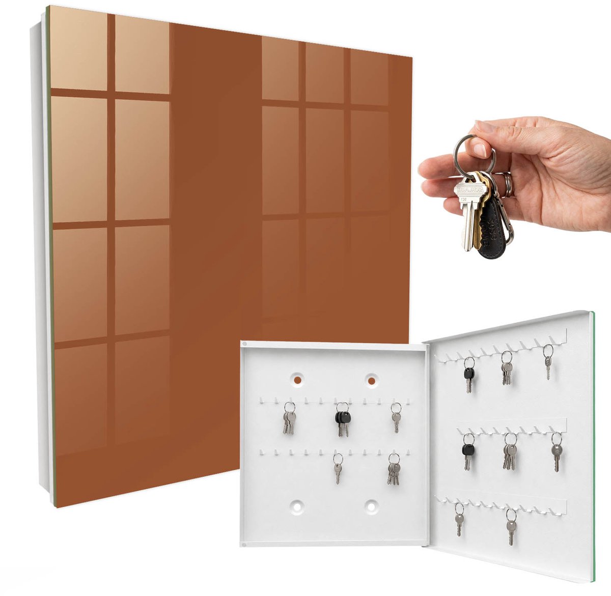 WallMuralia - Sleutelkast - 30x30x5 cm - met 50 haken - Donkeroranje Sleutelkastje Voor Binnen - Oranje Sleutelbox - Rechtsopenend - Wit interieur