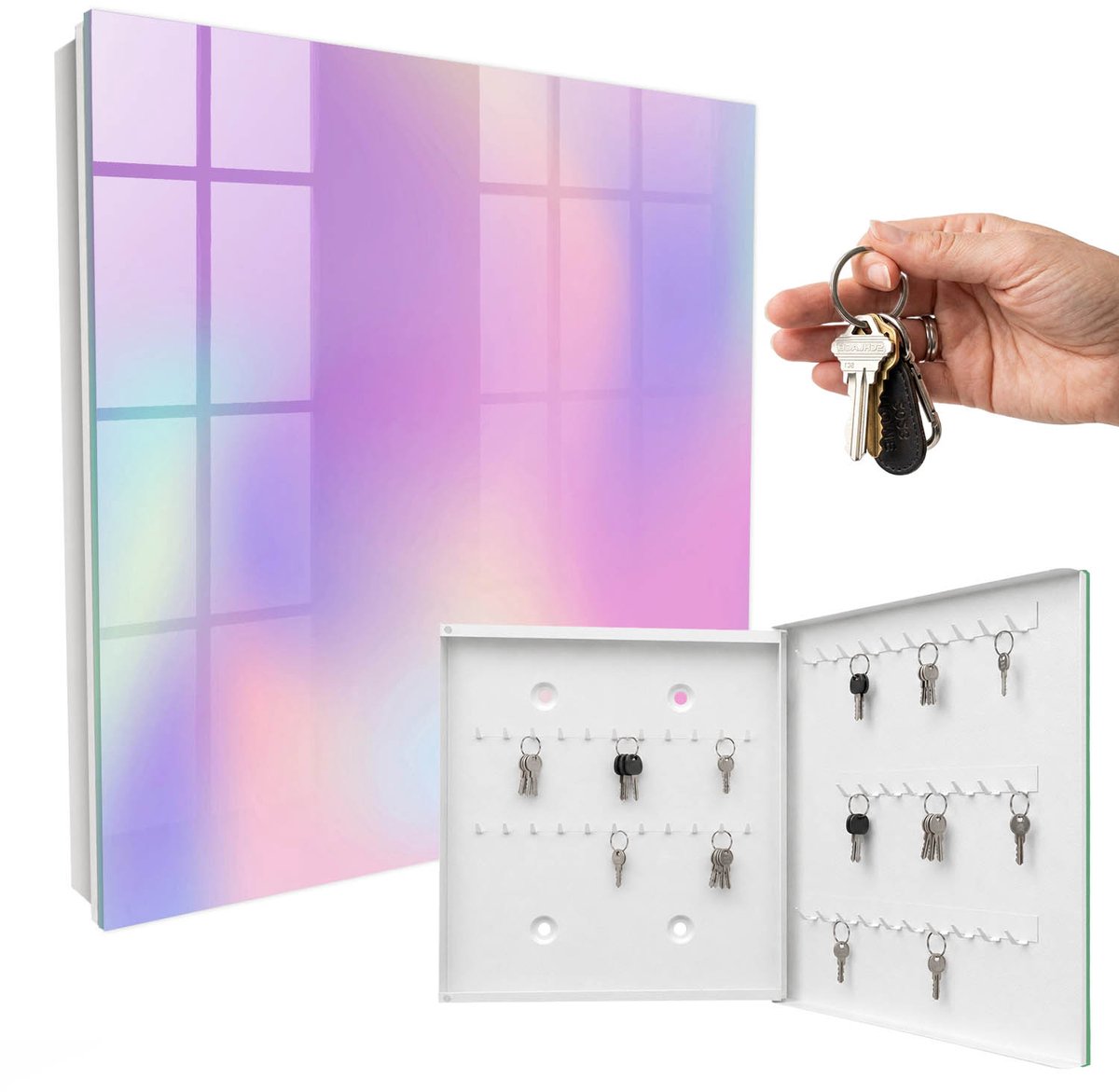 WallMuralia - Sleutelkast - 30x30x5 cm - met 50 haken - Pastel Golf Sleutelkastje - Paars Sleutelbox - Rechtsopenend - Wit interieur