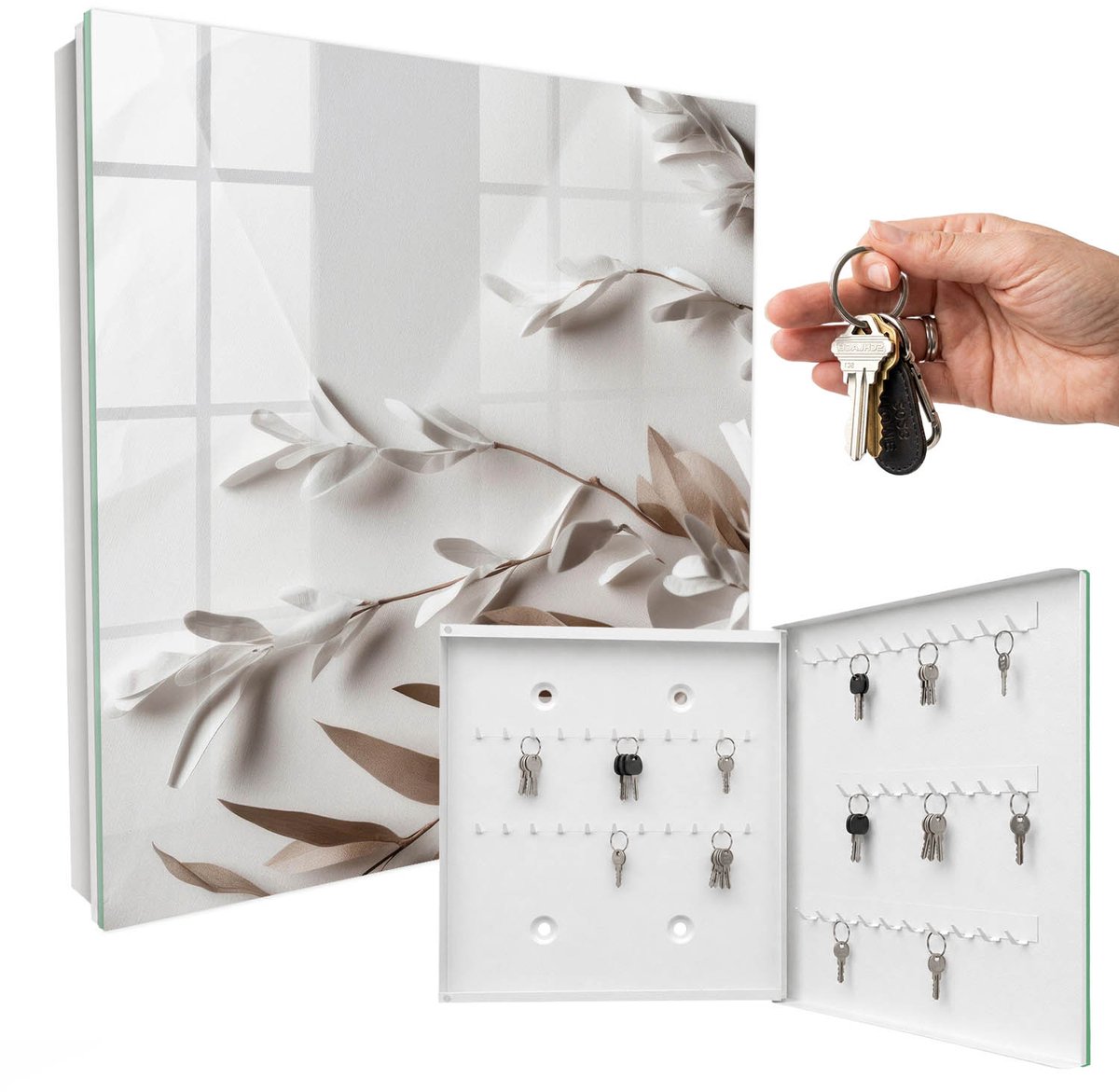 WallMuralia - Sleutelkast - 30x30x5 cm - met 50 haken - Bladeren Van Elegantie Sleutelkastje Muur - Wit Sleutelbox - Rechtsopenend - Wit interieur