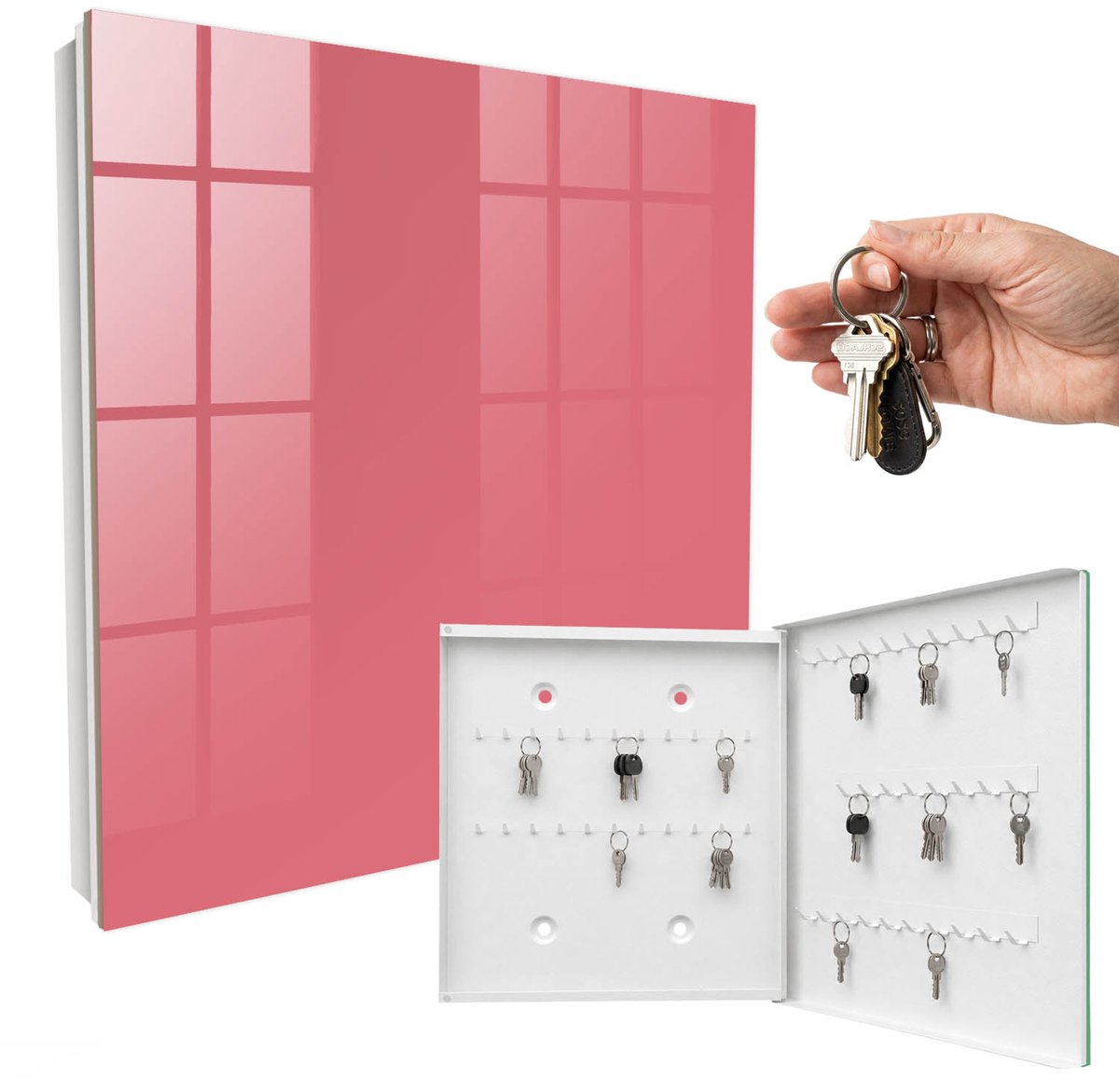 WallMuralia - Sleutelkast - 30x30x5 cm - met 50 haken - Zalmkleur Groot Sleutelkastje - Roze Sleutelbox - Rechtsopenend - Wit interieur