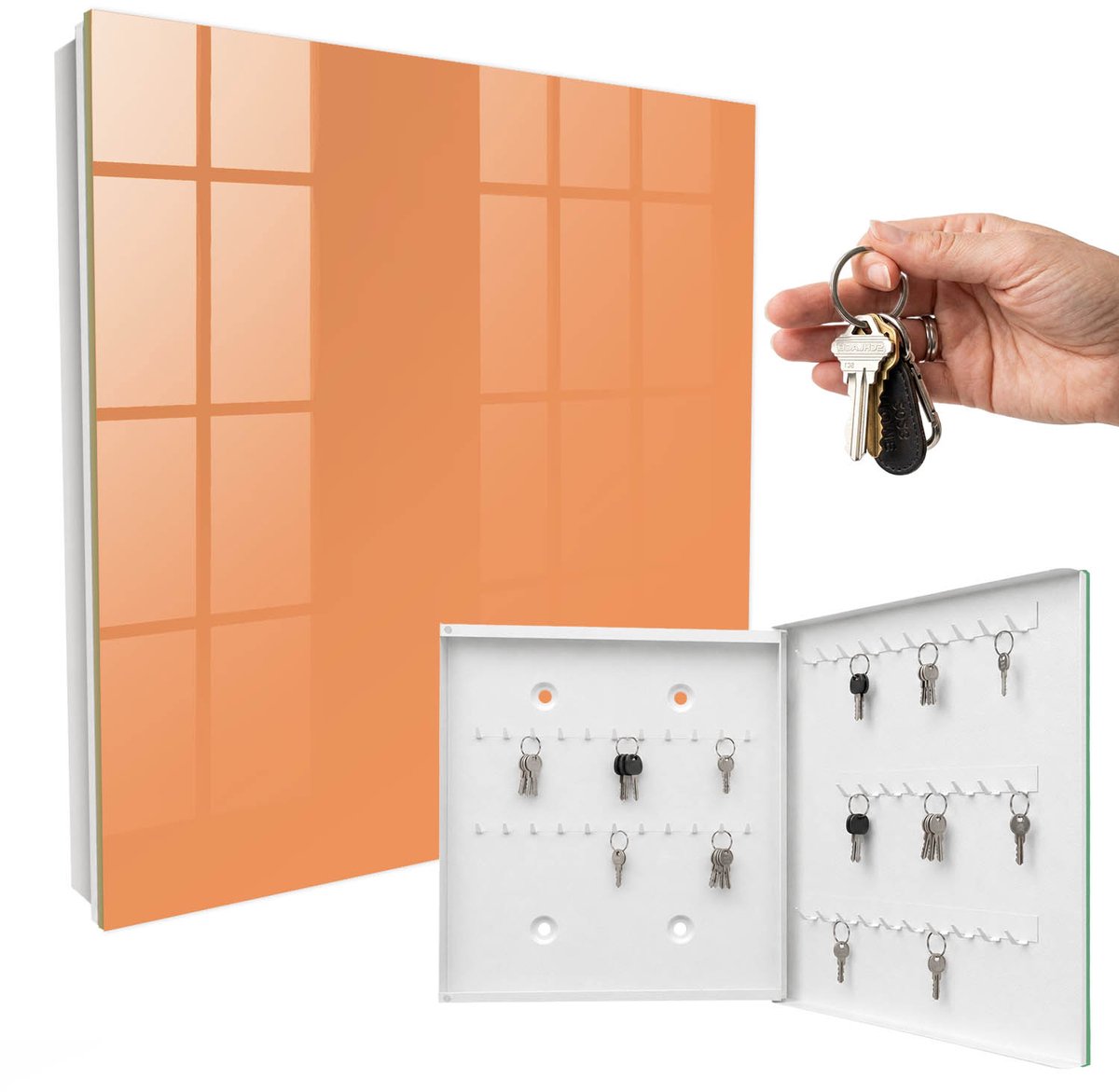 WallMuralia - Sleutelkast - 30x30x5 cm - met 50 haken - Pastel Oranje Sleutelkastje Modern - Oranje Sleutelbox - Rechtsopenend - Wit interieur