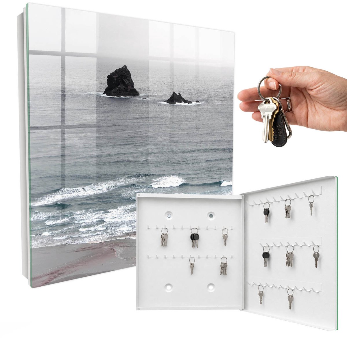 WallMuralia - Sleutelkast - 30x30x5 cm - met 50 haken - Zee Van Rotsen Sleutelkastje Landelijk - Grijs Sleutelbox - Rechtsopenend - Wit interieur