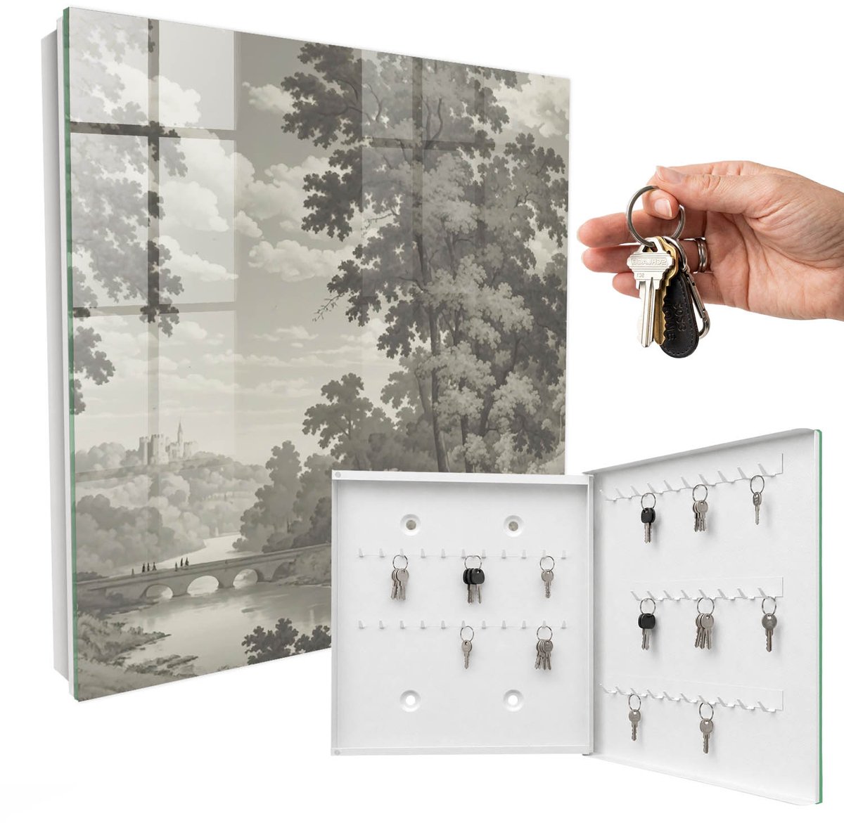 WallMuralia - Sleutelkast - 30x30x5 cm - met 50 haken - Een Vredig Landschap Sleutelkastje Industrieel - Grijs Sleutelbox - Rechtsopenend - Wit interieur