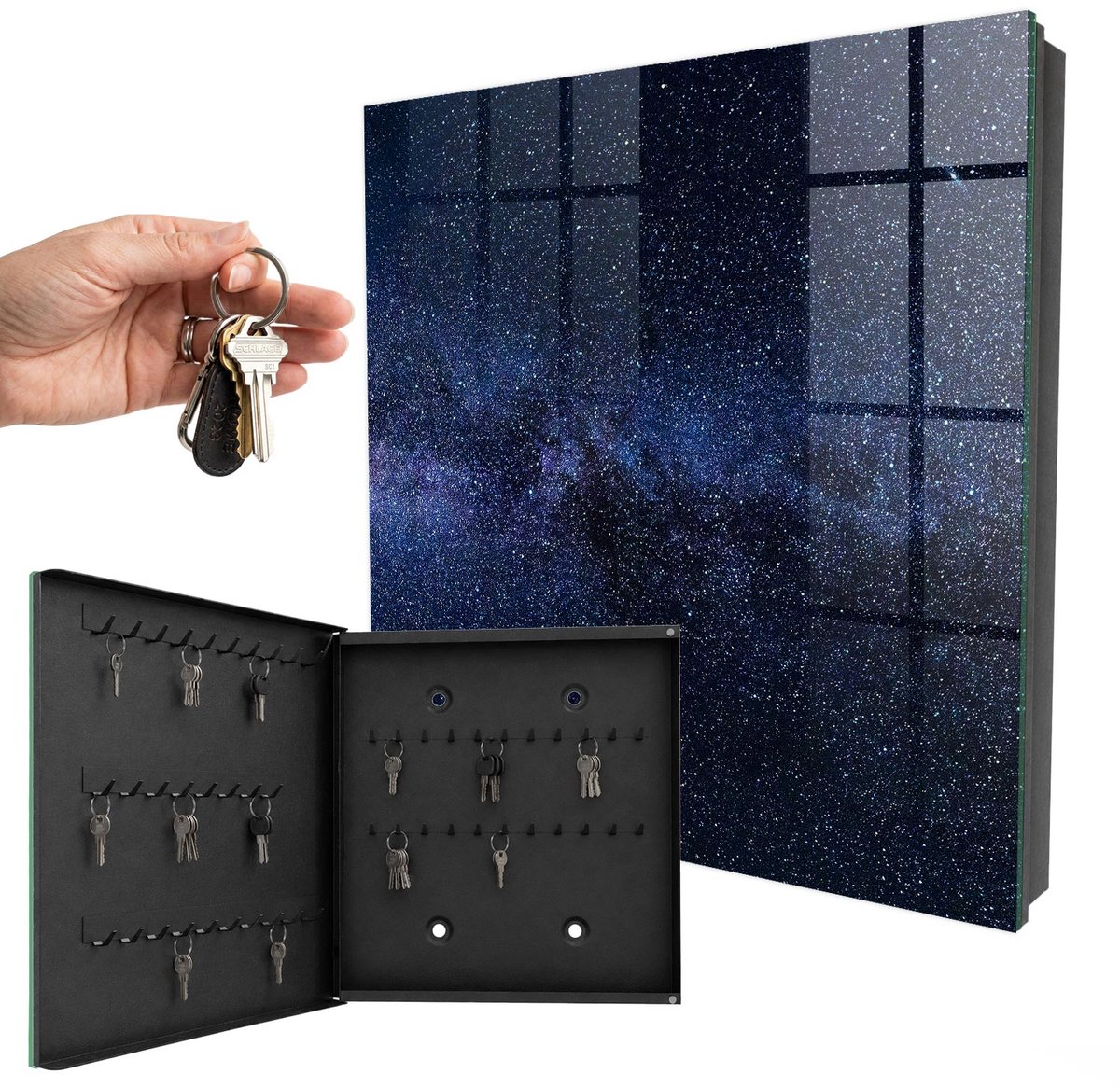 WallMuralia - Sleutelkast - 30x30x5 cm - met 50 haken - Nachtelijke Hemel Sleutelkastje Gang - Zwart Sleutelbox - Linksopenend - Zwart interieur