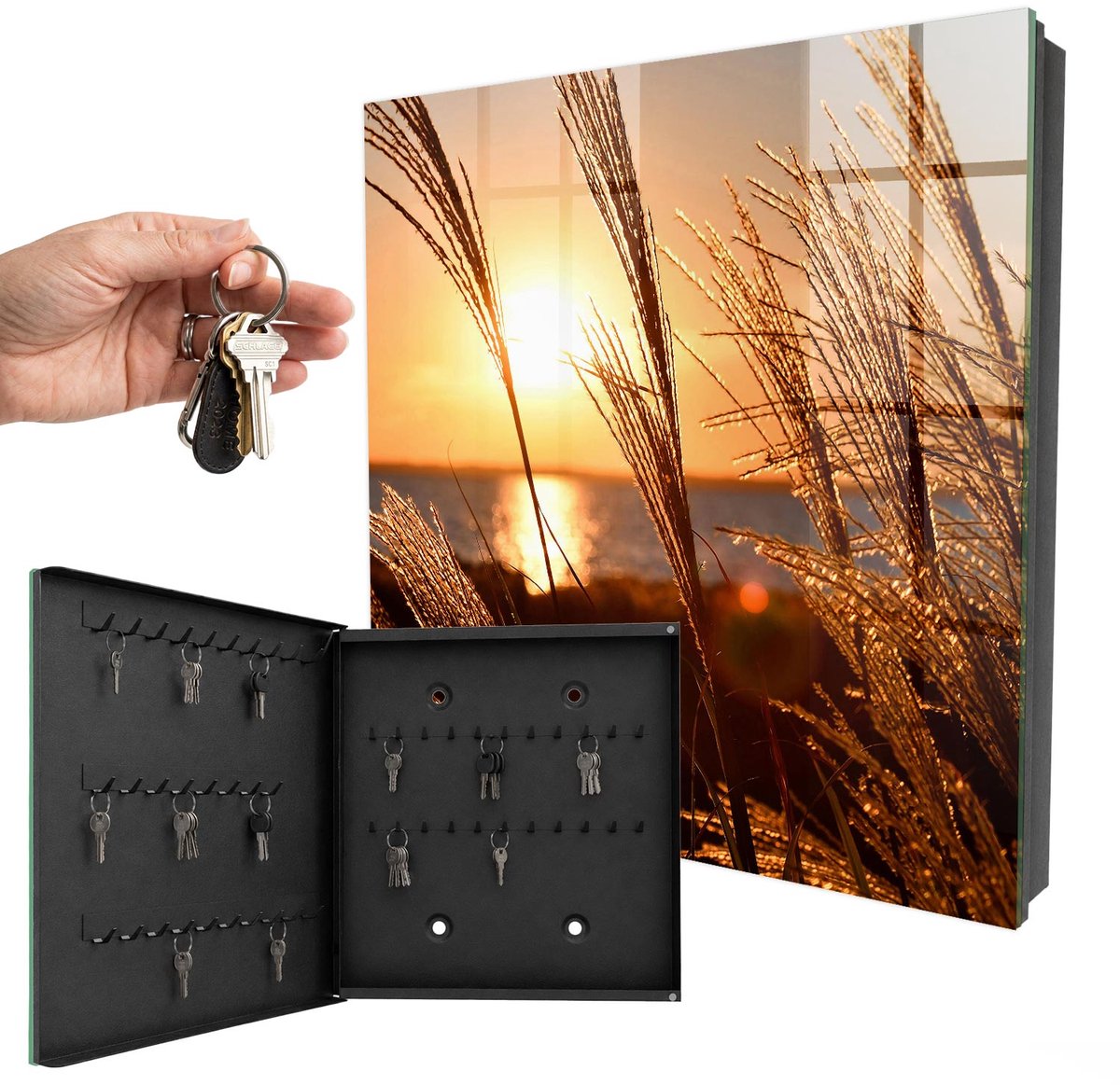 WallMuralia - Sleutelkast - 30x30x5 cm - met 50 haken - Zonsondergang Sleutelkastje Gang - Oranje Sleutelbox - Linksopenend - Zwart interieur