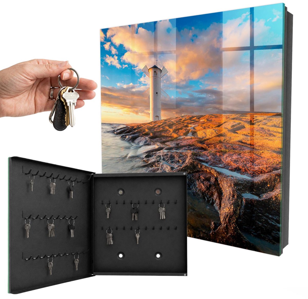 WallMuralia - Sleutelkast - 30x30x5 cm - met 50 haken - Vuurtoren Sleutelkastje Industrieel - Blauw Sleutelbox - Linksopenend - Zwart interieur