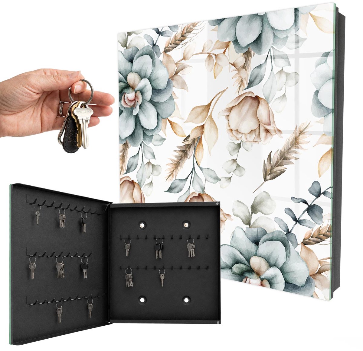 WallMuralia - Sleutelkast - 30x30x5 cm - met 50 haken - Aquarel Bloemen Sleutelkastje Huis - Wit Sleutelbox - Linksopenend - Zwart interieur