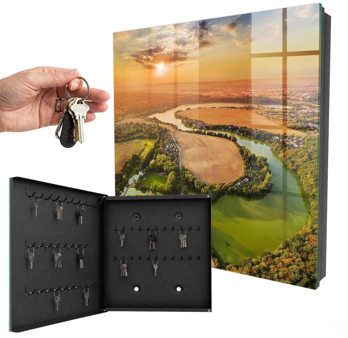 WallMuralia - Sleutelkast - 30x30x5 cm - met 50 haken - Natuurlandschap Sleutelkastje Design - Groente Sleutelbox - Linksopenend - Zwart interieur