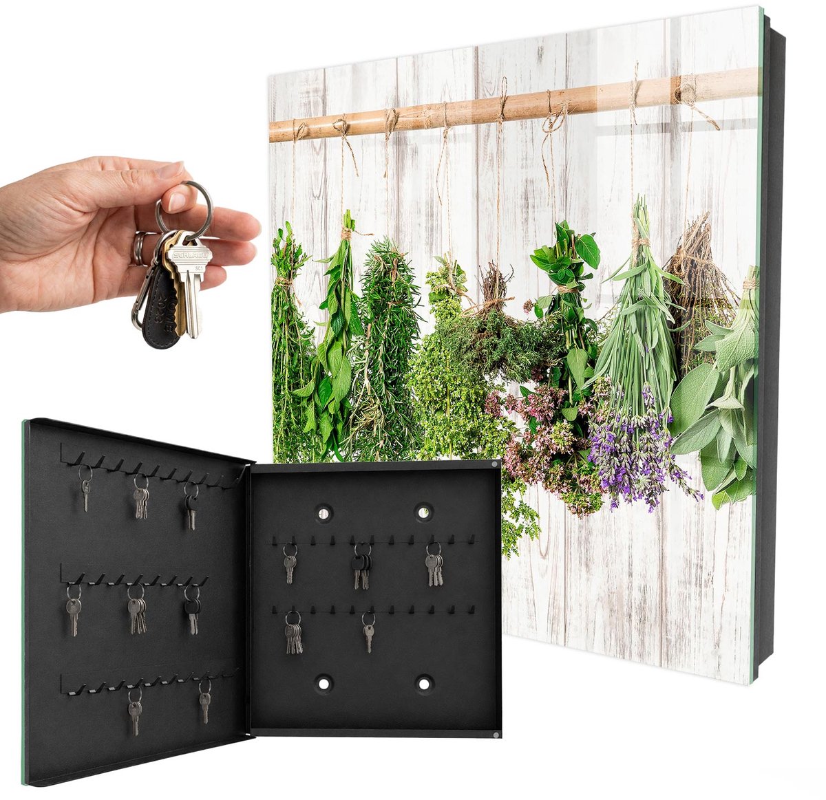 WallMuralia - Sleutelkast - 30x30x5 cm - met 50 haken - Gedroogde Kruiden Sleutelkastje - Groente Sleutelbox - Linksopenend - Zwart interieur