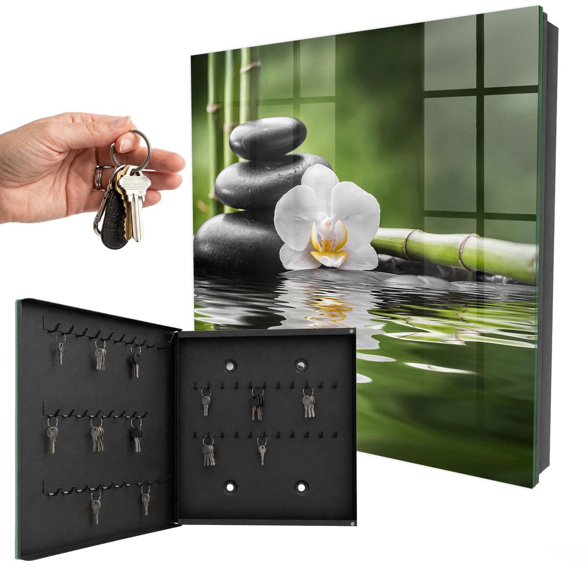 WallMuralia - Sleutelkast - 30x30x5 cm - met 50 haken - Zen-Orchidee Sleutelkastje Industrieel - Groente Sleutelbox - Linksopenend - Zwart interieur