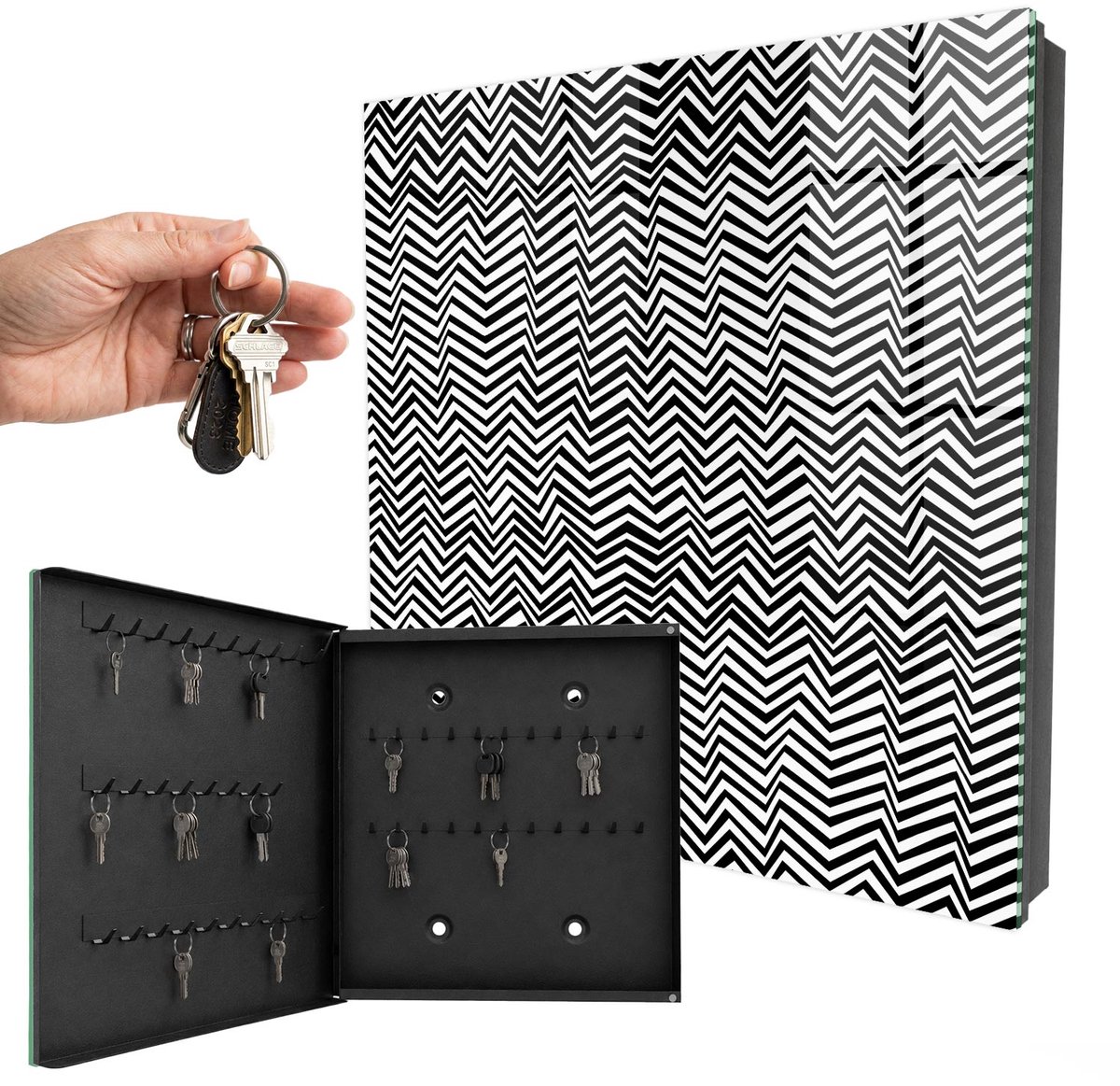 WallMuralia - Sleutelkast - 30x30x5 cm - met 50 haken - Zigzags Dynamisch Sleutelkastje Klein - Zwart-Wit Sleutelbox - Linksopenend - Zwart interieur