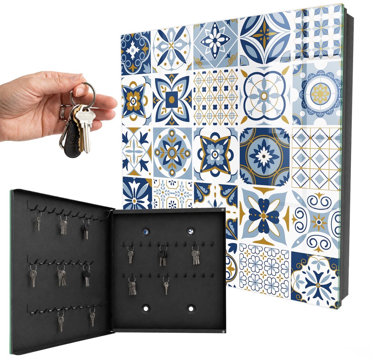 WallMuralia - Sleutelkast - 30x30x5 cm - met 50 haken - Kleurrijke Tegels Sleutelkastje Landelijk - Blauw Sleutelbox - Linksopenend - Zwart interieur
