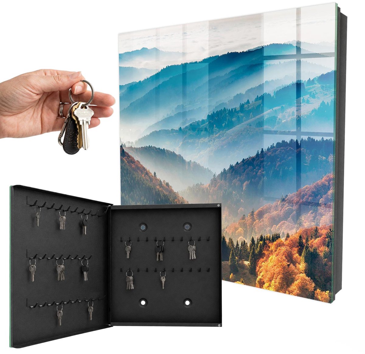 WallMuralia - Sleutelkast - 30x30x5 cm - met 50 haken - Berglandschap Sleutelkastje Modern - Blauw Sleutelbox - Linksopenend - Zwart interieur