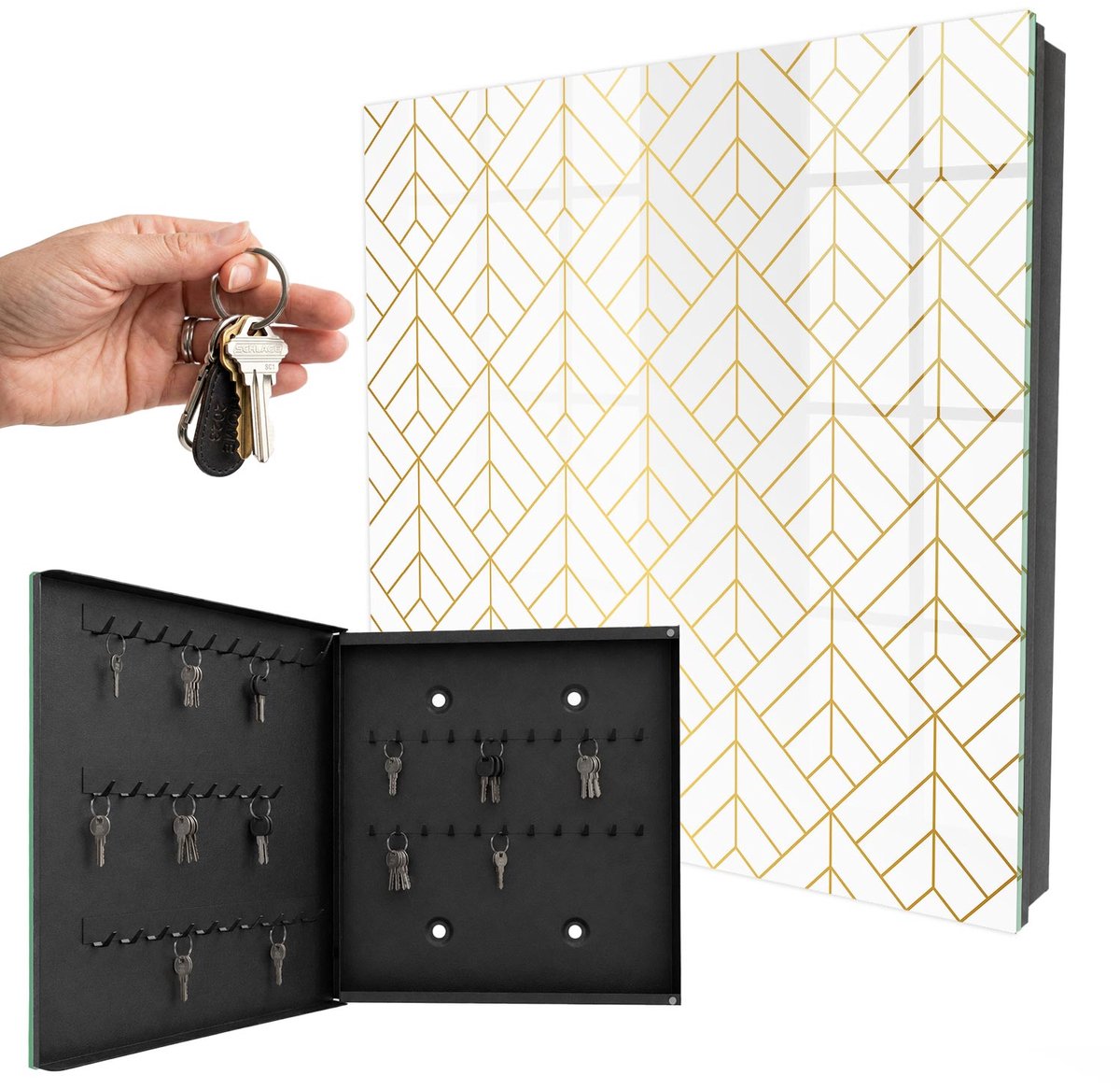 WallMuralia - Sleutelkast - 30x30x5 cm - met 50 haken - Stijlvolle Geometrie Groot Sleutelkastje - Wit Sleutelbox - Linksopenend - Zwart interieur