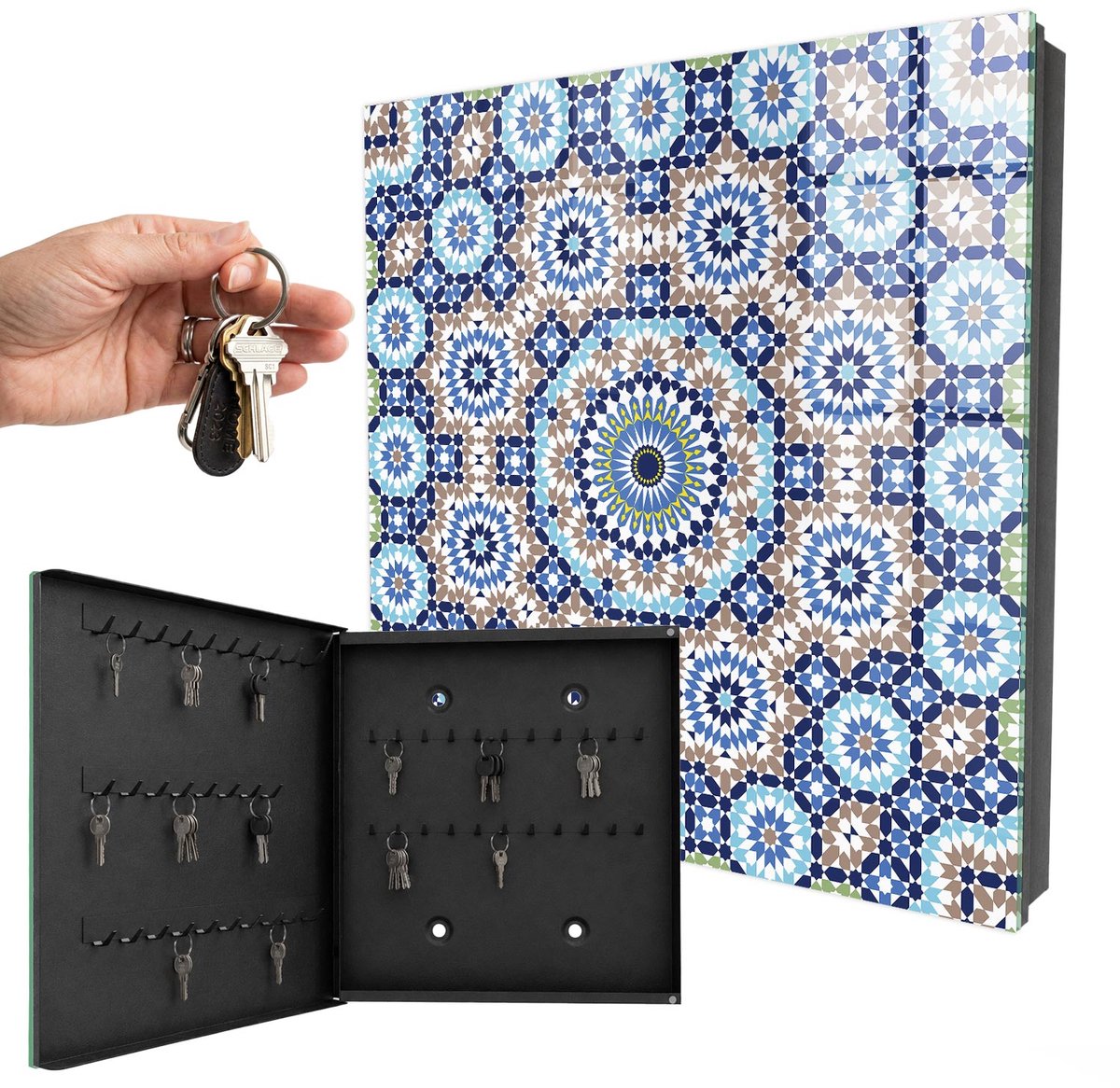 WallMuralia - Sleutelkast - 30x30x5 cm - met 50 haken - Oosterse Mozaïek Leuk Sleutelkastje - Blauw Sleutelbox - Linksopenend - Zwart interieur