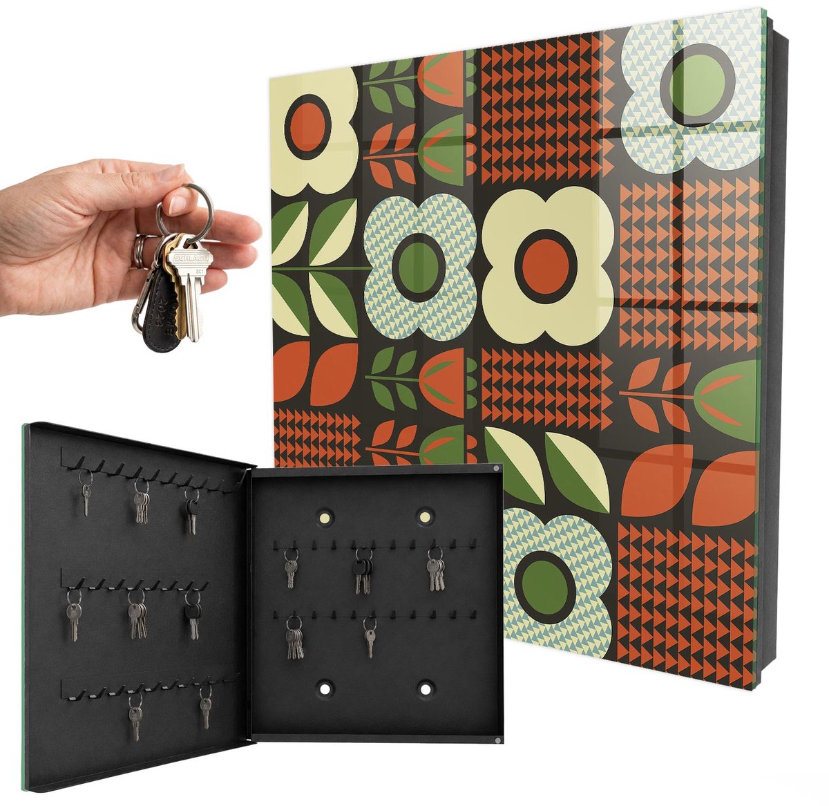 WallMuralia - Sleutelkast - 30x30x5 cm - met 50 haken - Vrolijke Bloemen Sleutelkastje - Rood Sleutelbox - Linksopenend - Zwart interieur