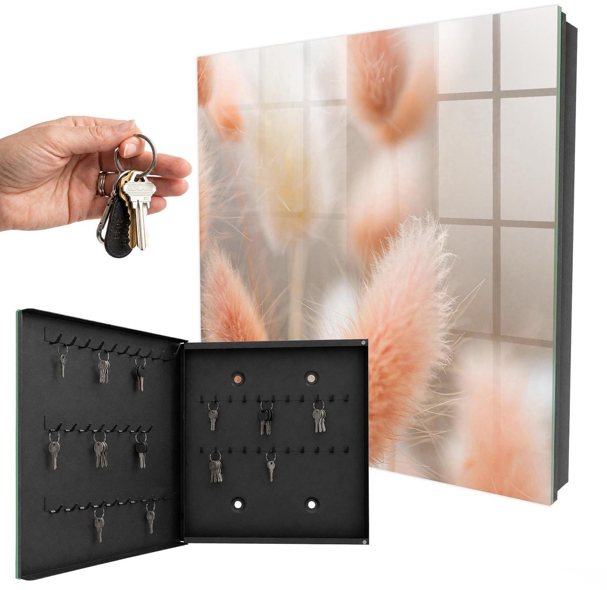 WallMuralia - Sleutelkast - 30x30x5 cm - met 50 haken - De Subtiliteit Van De Natuur Sleutelkastje Gang - Beige Sleutelbox - Linksopenend - Zwart interieur