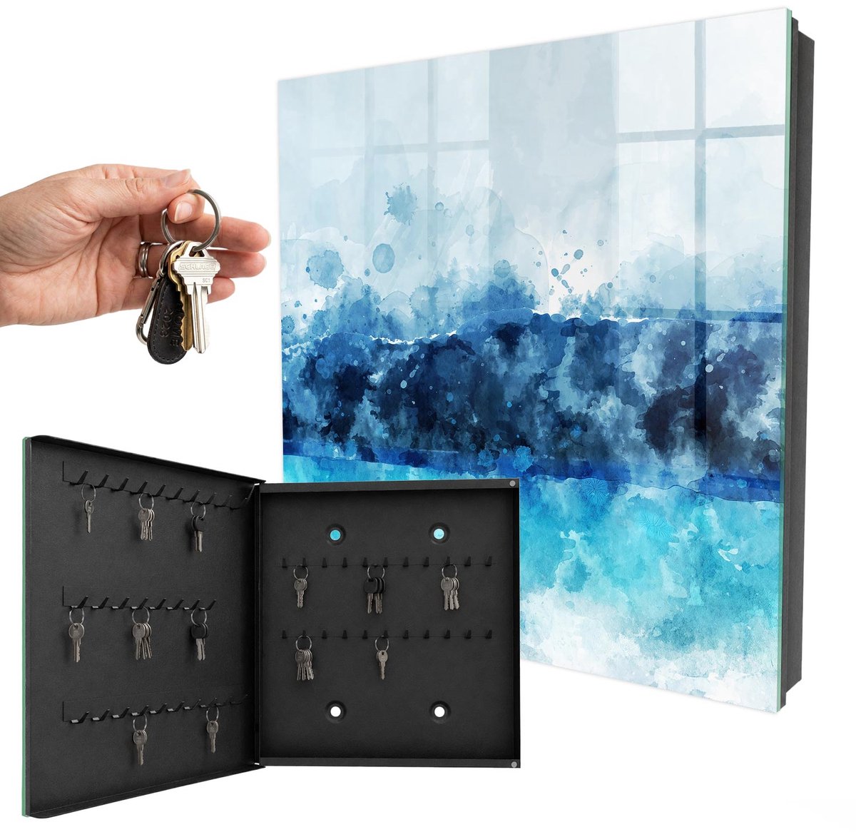 WallMuralia - Sleutelkast - 30x30x5 cm - met 50 haken - Turkoois Landschap Sleutelkastje Binnen - Blauw Sleutelbox - Linksopenend - Zwart interieur