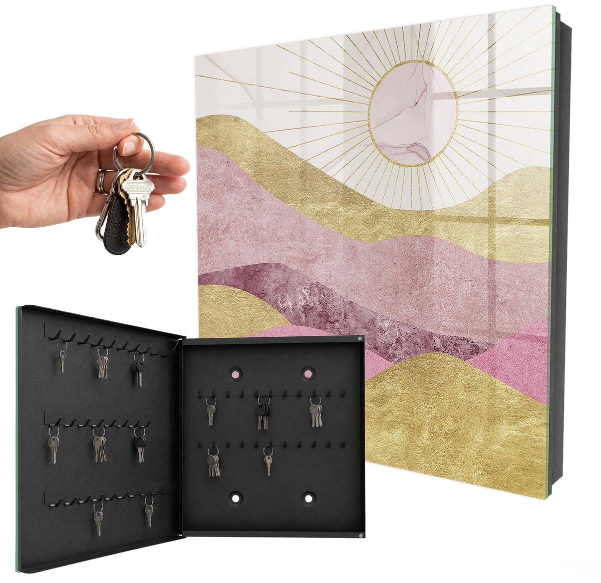 WallMuralia - Sleutelkast - 30x30x5 cm - met 50 haken - Golven, Zonnestralen Sleutelkastje Landelijk - Geel Sleutelbox - Linksopenend - Zwart interieur